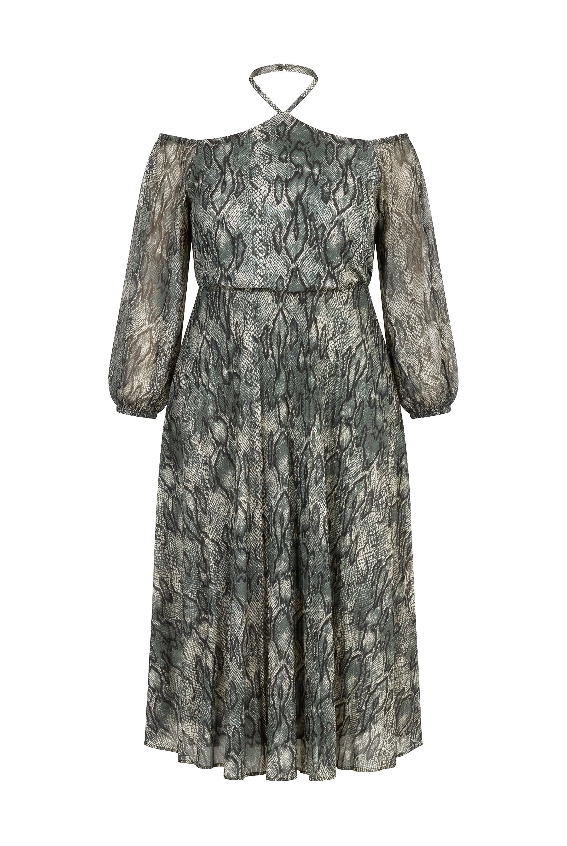 Ulla Popken Maxikleid Maxikleid Animal schulterfrei Neckholder-Optik