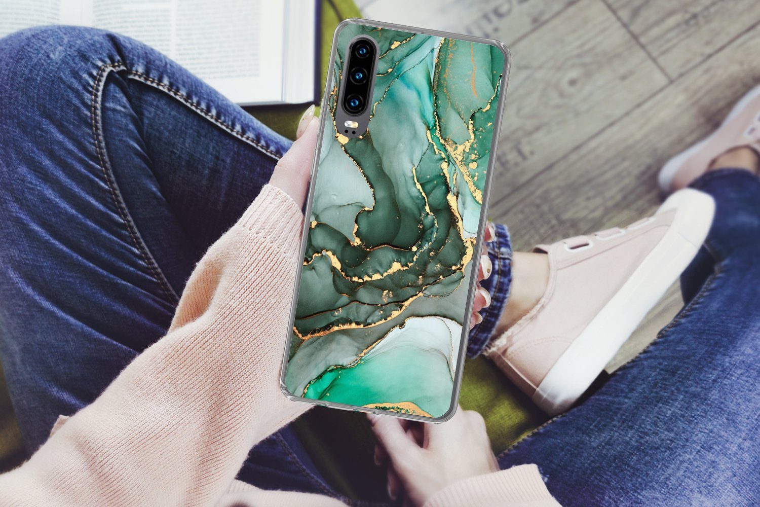 MuchoWow Handyhülle für Huawei P30 Gold - Marmor - Grün - Luxus - Marmoroptik - Grau, Handy Case, Silikon, Bumper Case Dünn