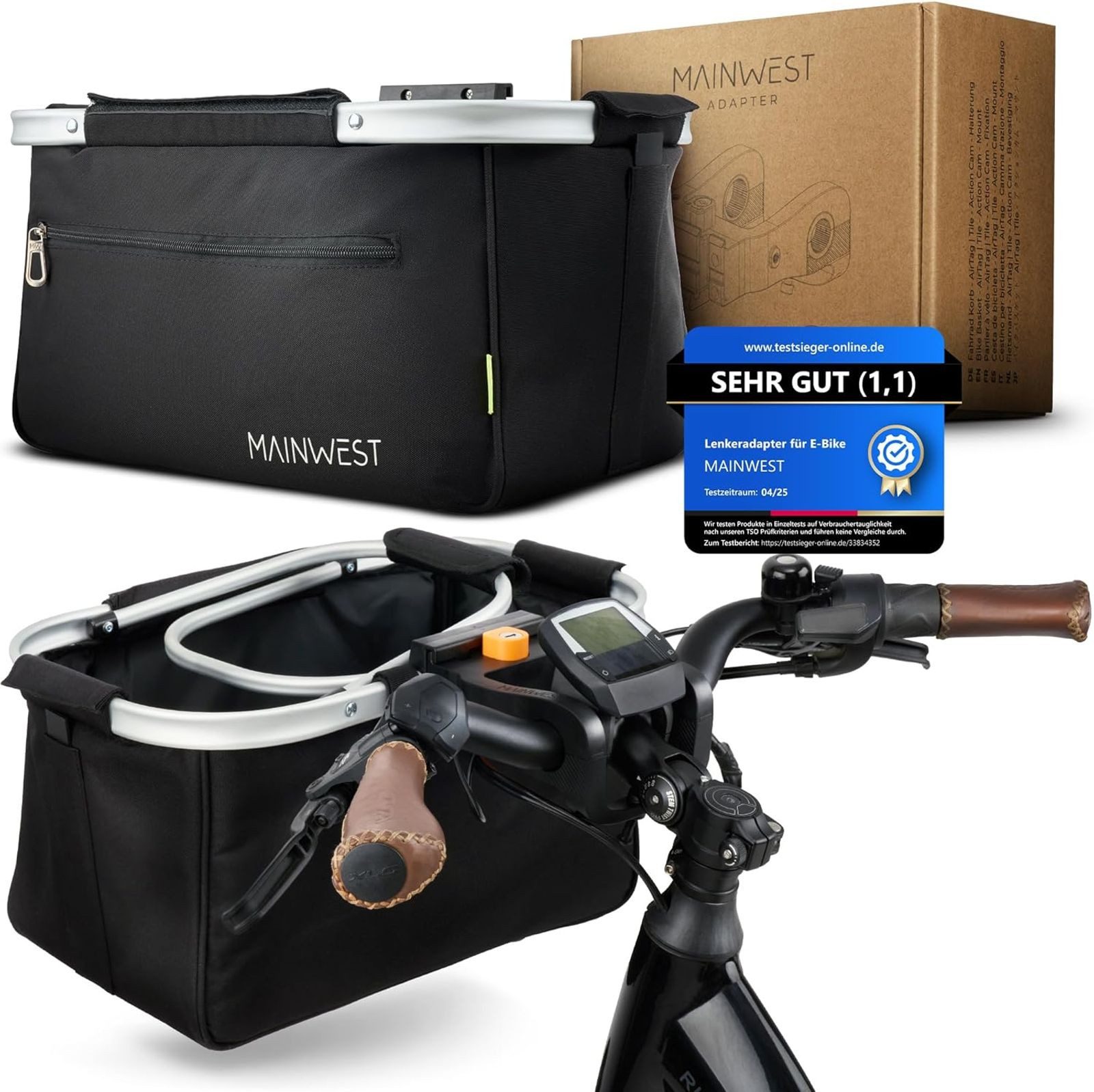 BURI Fahrradtasche Lenkerkorb vorne E-Bike Korb 26L Klicksystem Airtag Versteck Schloss