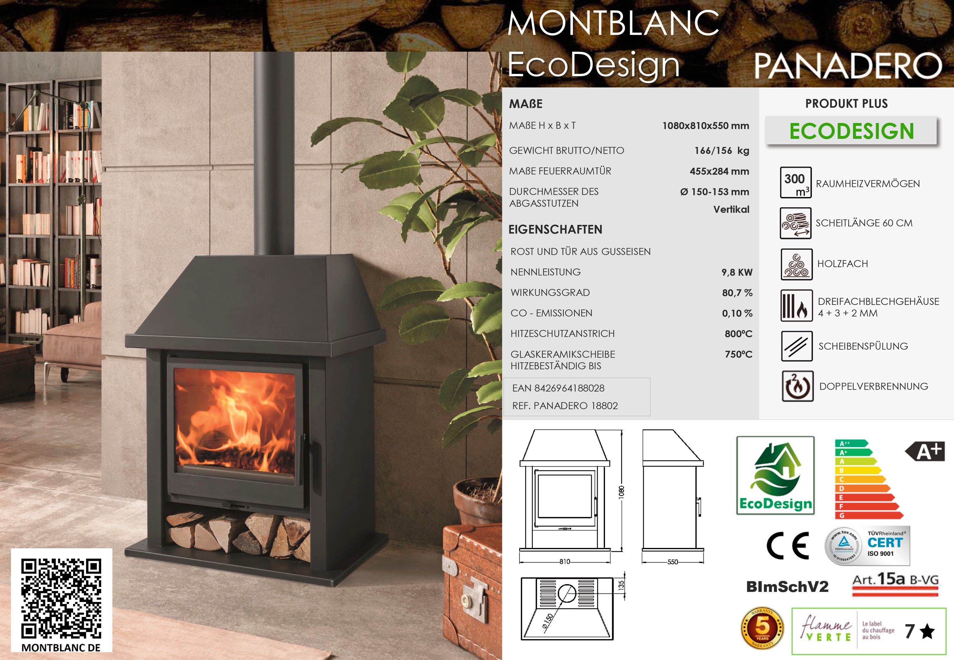 Mont Zeitbrand, kW, (1-tlg) Kaminofen 9,8 Blanc Kaminofen Panadero Ecodesign,