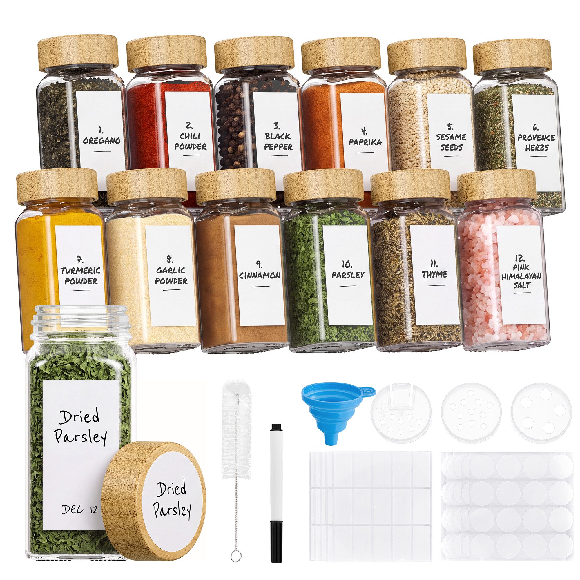 SONGMICS Gewürzbehälter Eckige Gewürzdosen aus Glas, Luftdicht mit Etiketten, Glas, Bambus, 12er Set, 120 ml, 4,5 x 4,5 x 10,5 cm, Naturbeige