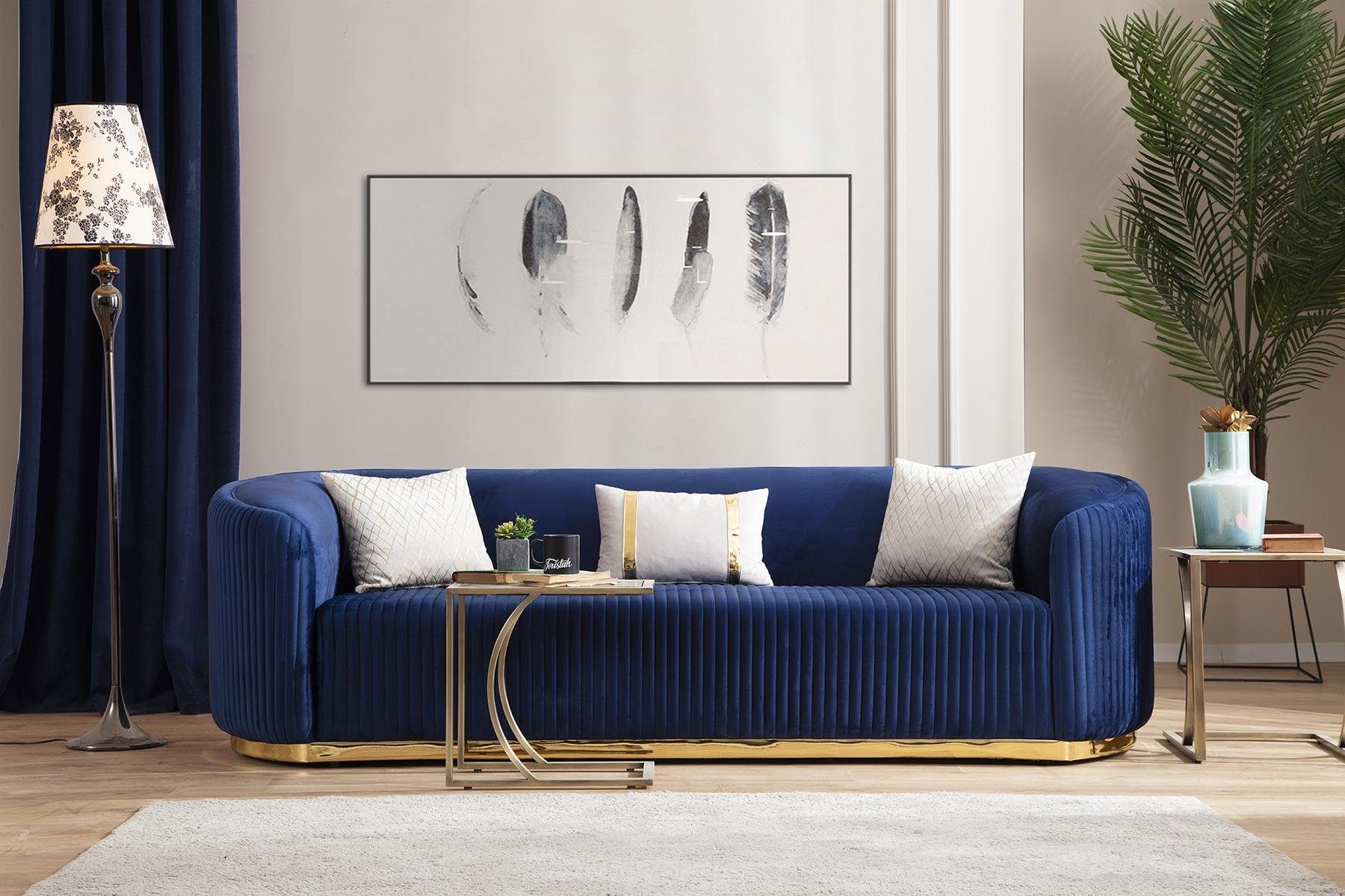 JVmoebel 3-Sitzer Edelstahl Dreisitzer Sofa Blau Wohnzimmermöbel  Polstersofas Couchen, 1 Teile, Made in Europa