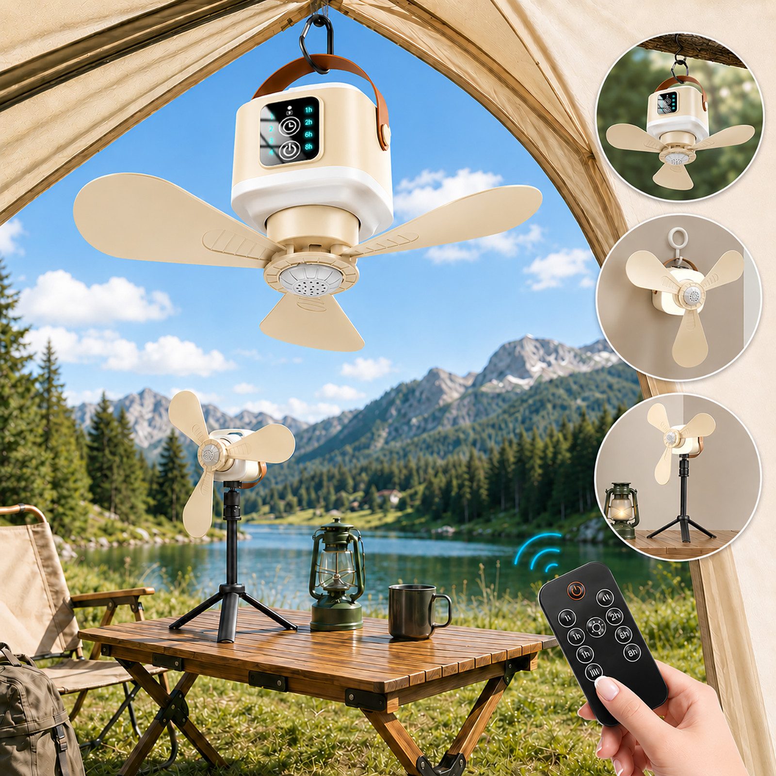 Rosnek Deckenventilator mit Beleuchtung Camping, tragbar, Fernbedienung, 4 Stufen, 3 Lichtmodi, 7200mAh, 7-20h, Balkon Camping RV