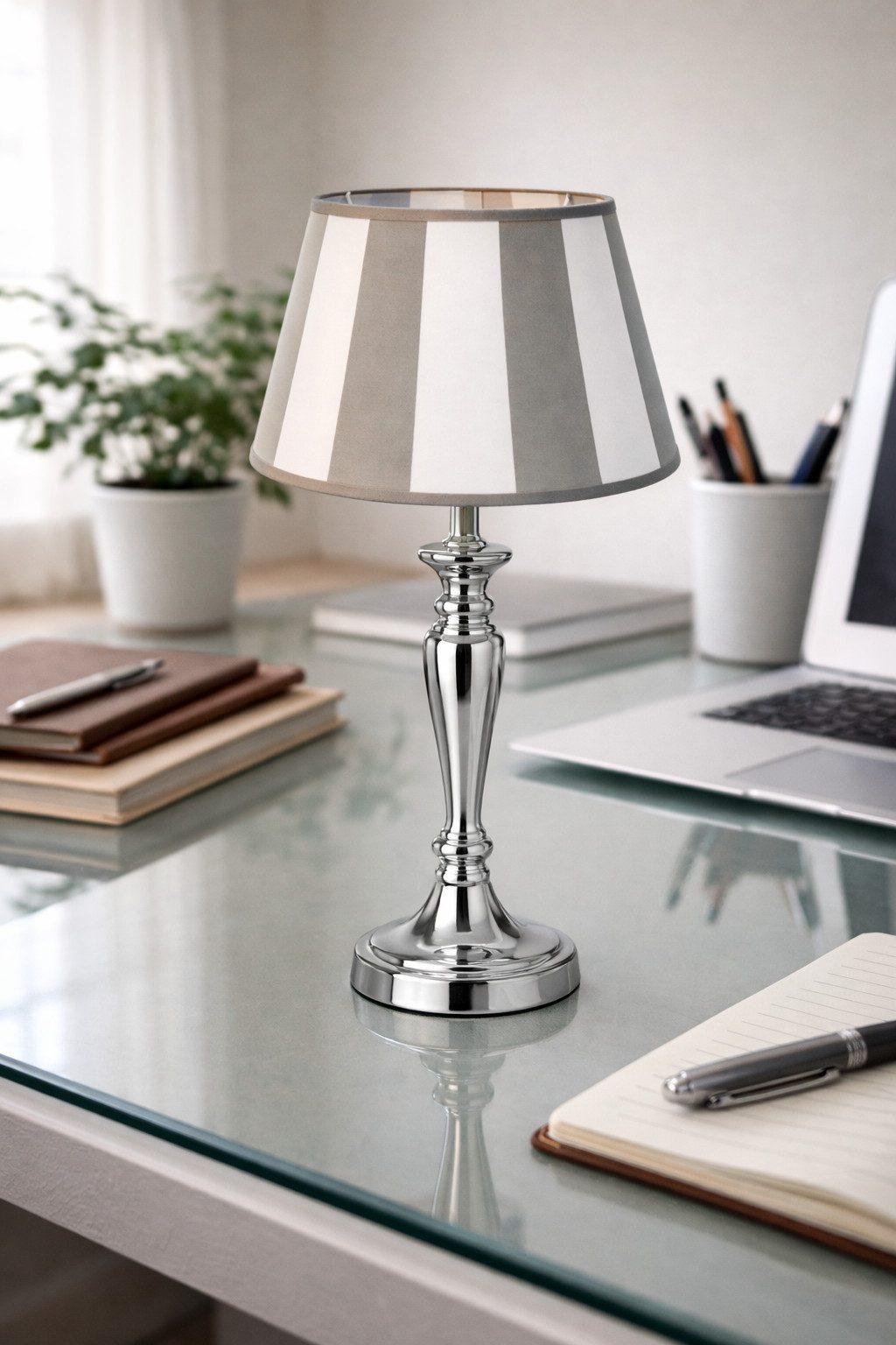 AMBIENTE-LEBENSART.DE Lampenschirm rund-konische-Form-grau-weiß- gestreift Ø 30 cm edel