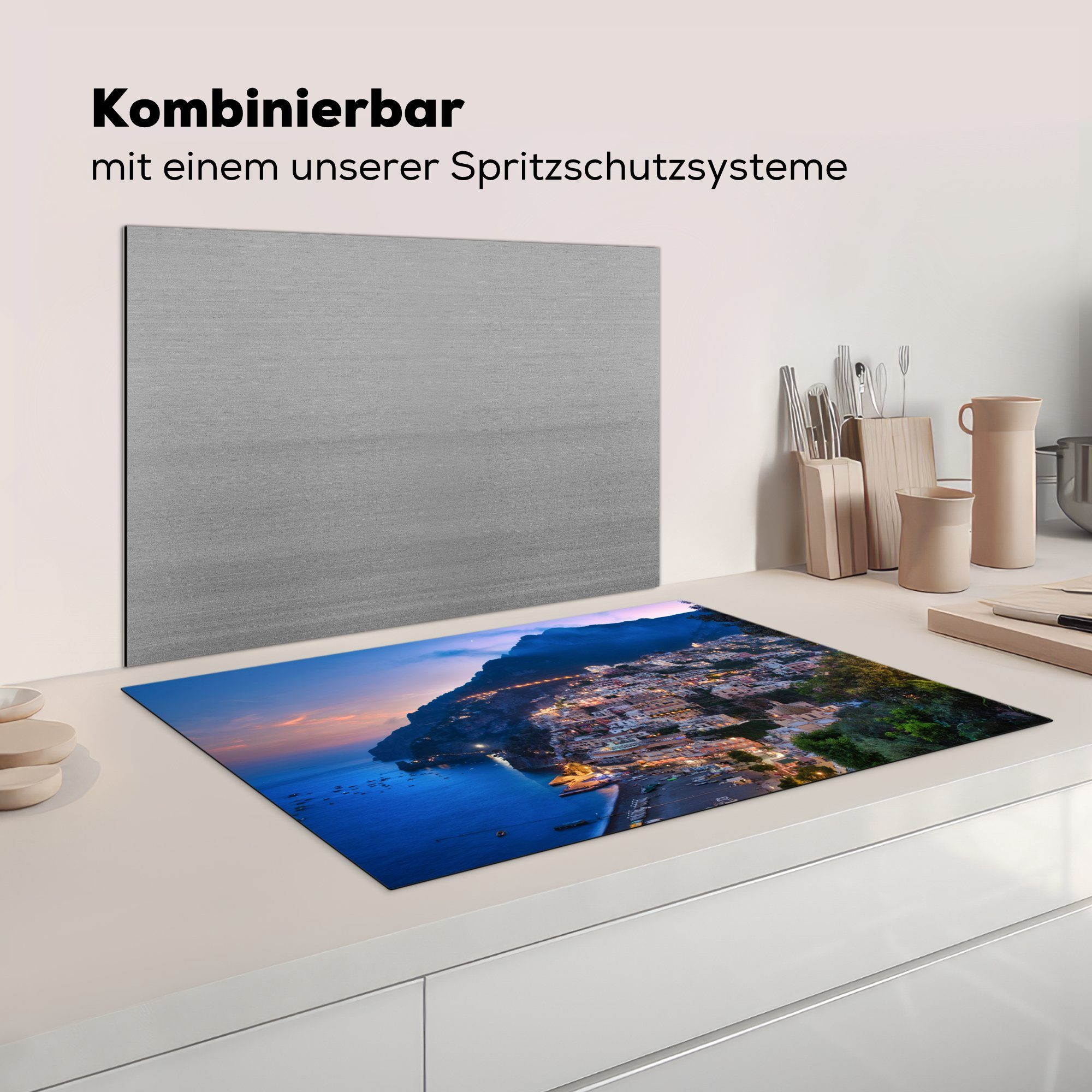 Vinyl, Ceranfeldabdeckung (1 Blick tlg), Sonnenuntergang, 81x52 auf die cm, Schutz Amalfiküste Induktionskochfeld die Der Herdblende-/Abdeckplatte MuchoWow für bei küche,