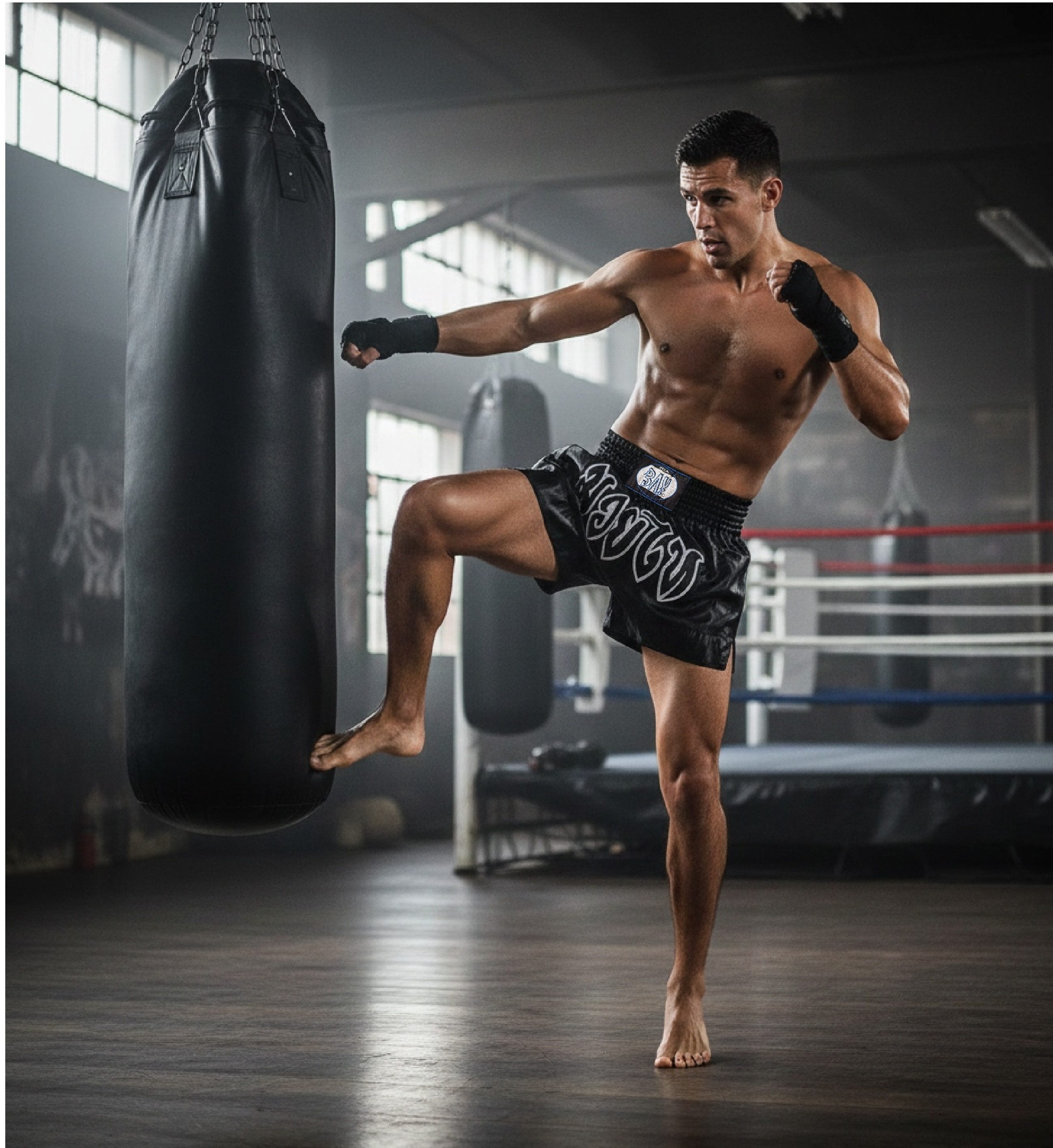 BAY-Sports Sporthose Thaiboxhose REMY Muay Thai Hose Shorts Thaiboxen MMA kurz Kickboxen kurze, leichte, locker sitzende Trainingshose, Schwarz/Weiß
