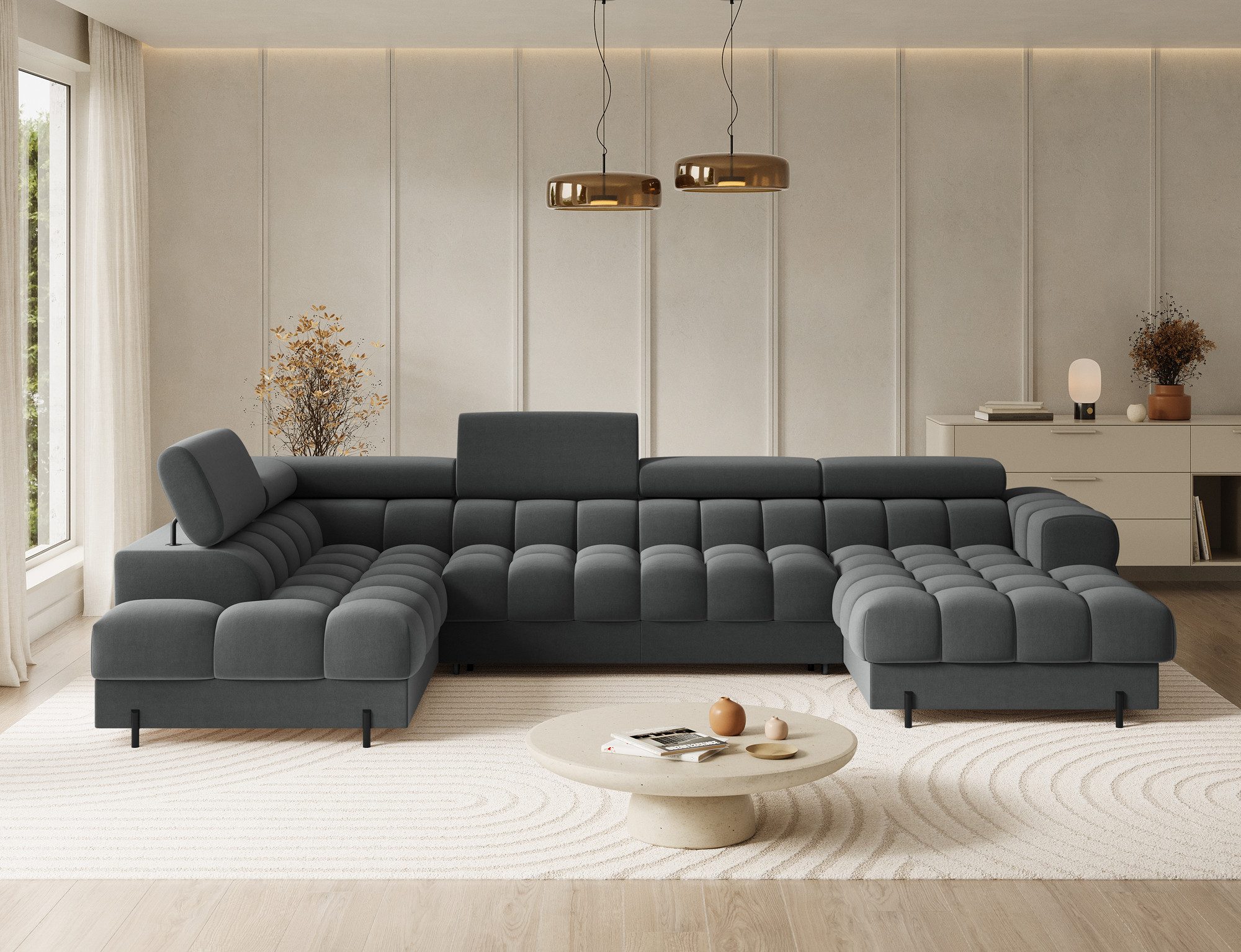 Lukas Möbel Wohnlandschaft Deisgner XXL-Sofa in U-Form Falco mit Schlaffunktion Bettkasten, mit Schlaffunktion, Bettkasten, verstellbaren Kopfsützen