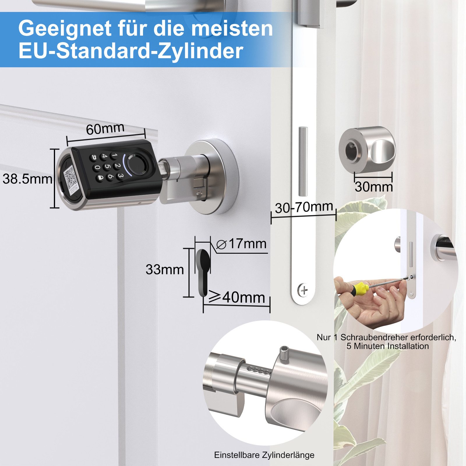 WE.LOCK Schließzylinder WELOCK Türschloss Fingerabdruck ToucA51 für 30-70 mm Türen, (Packung, Smartes türschloss x1, RFID-Karte x3, Anleitung x1, Zubehörbox x1) – Bild 5 von 5