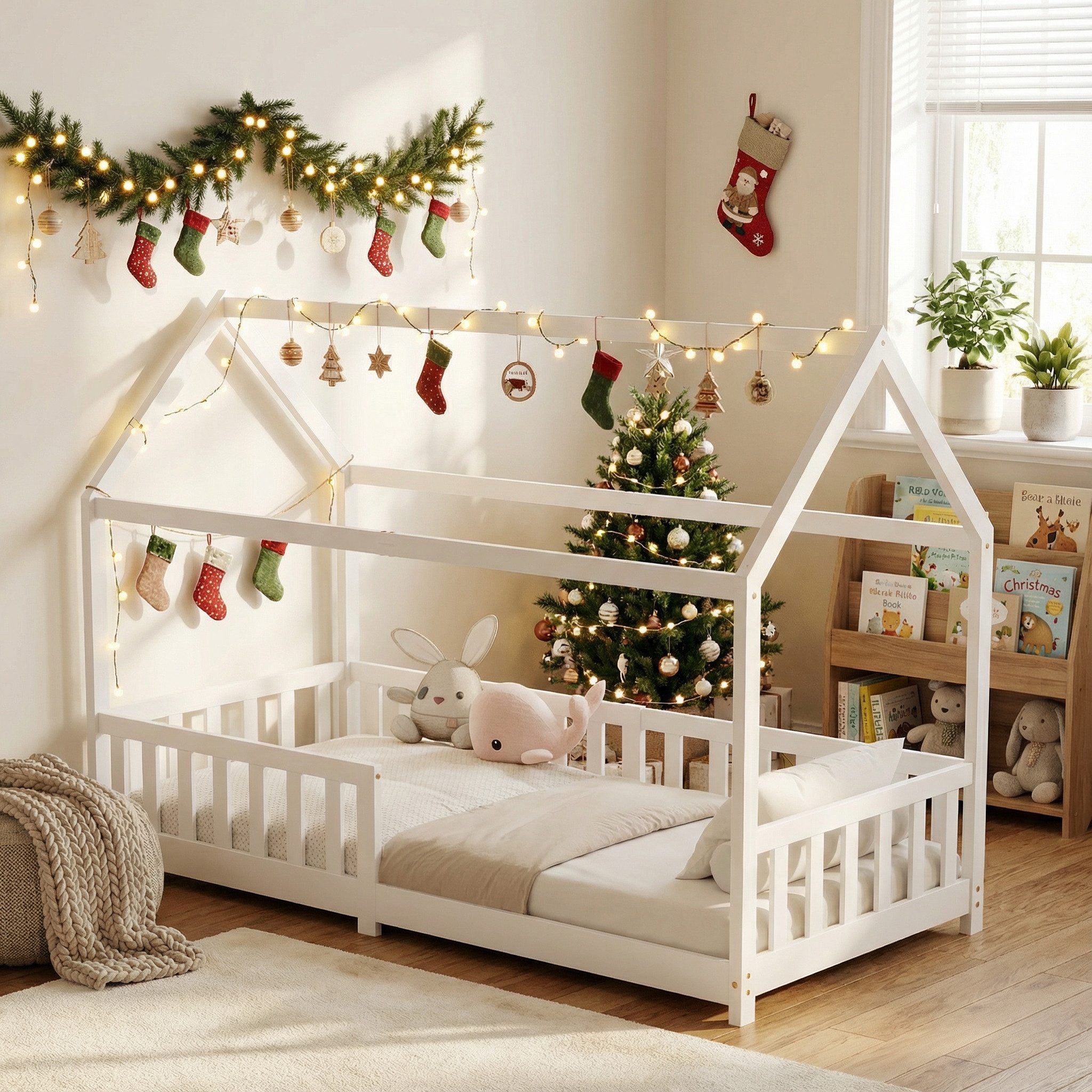 Kinderbett Hausbett, Rausfallschutz, Lattenrost, 90x200 & 80x160, Weiß & Natur