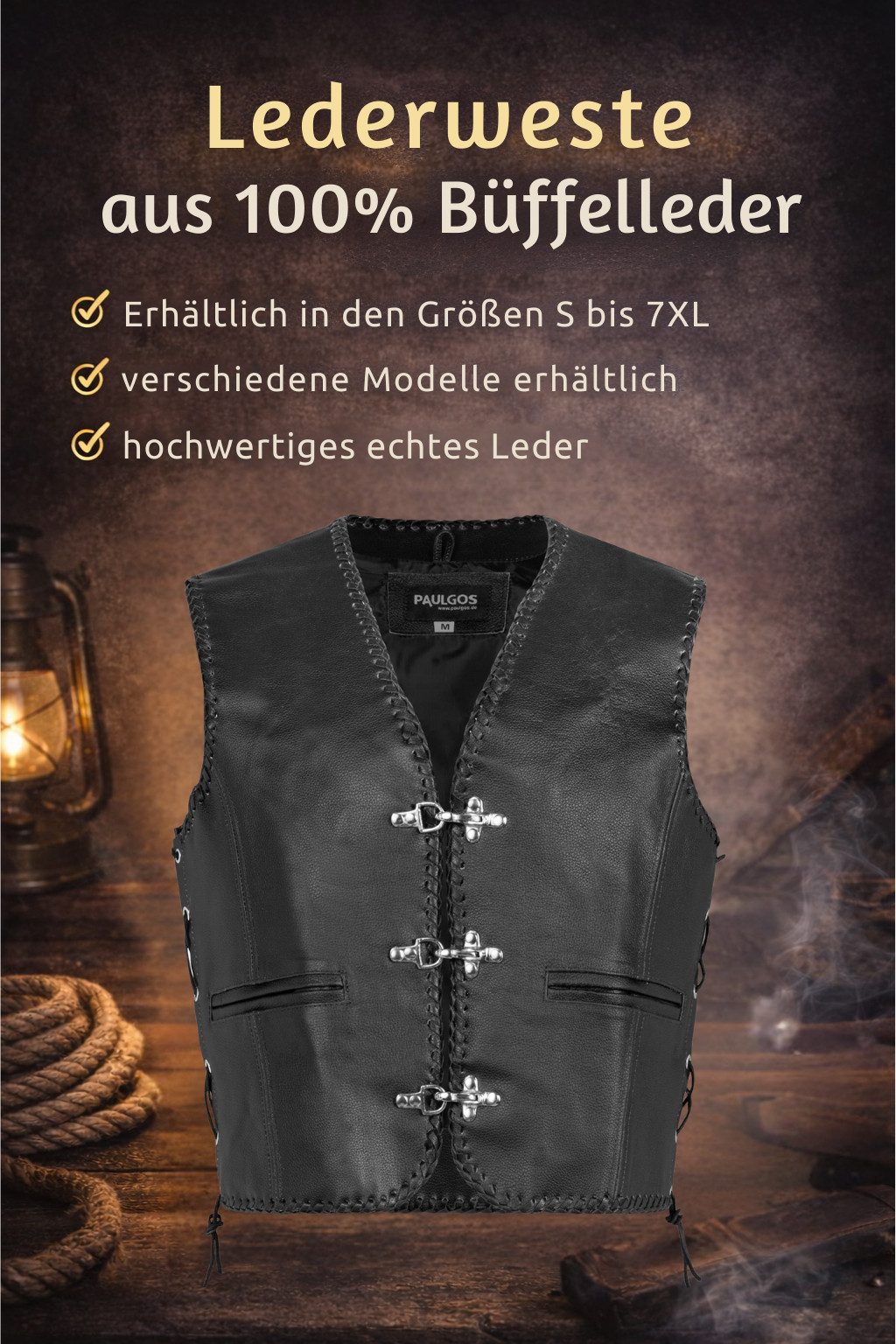 PAULGOS Motorradweste Lederweste Biker Kutte Clubweste Chopper Weste 100% Echtleder - BW6 – Bild 5 von 5