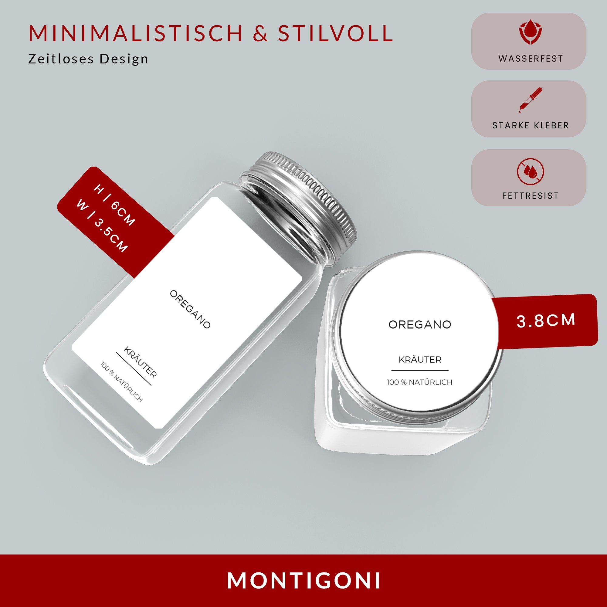 Montegoni Etiketten 144 Stk. Rund oder 195 Rechteckige Gewürzetiketten selbstklebend, Wasserfest Gewürzaufkleber Vorratsetiketten - Gewürzgläser Etiketten