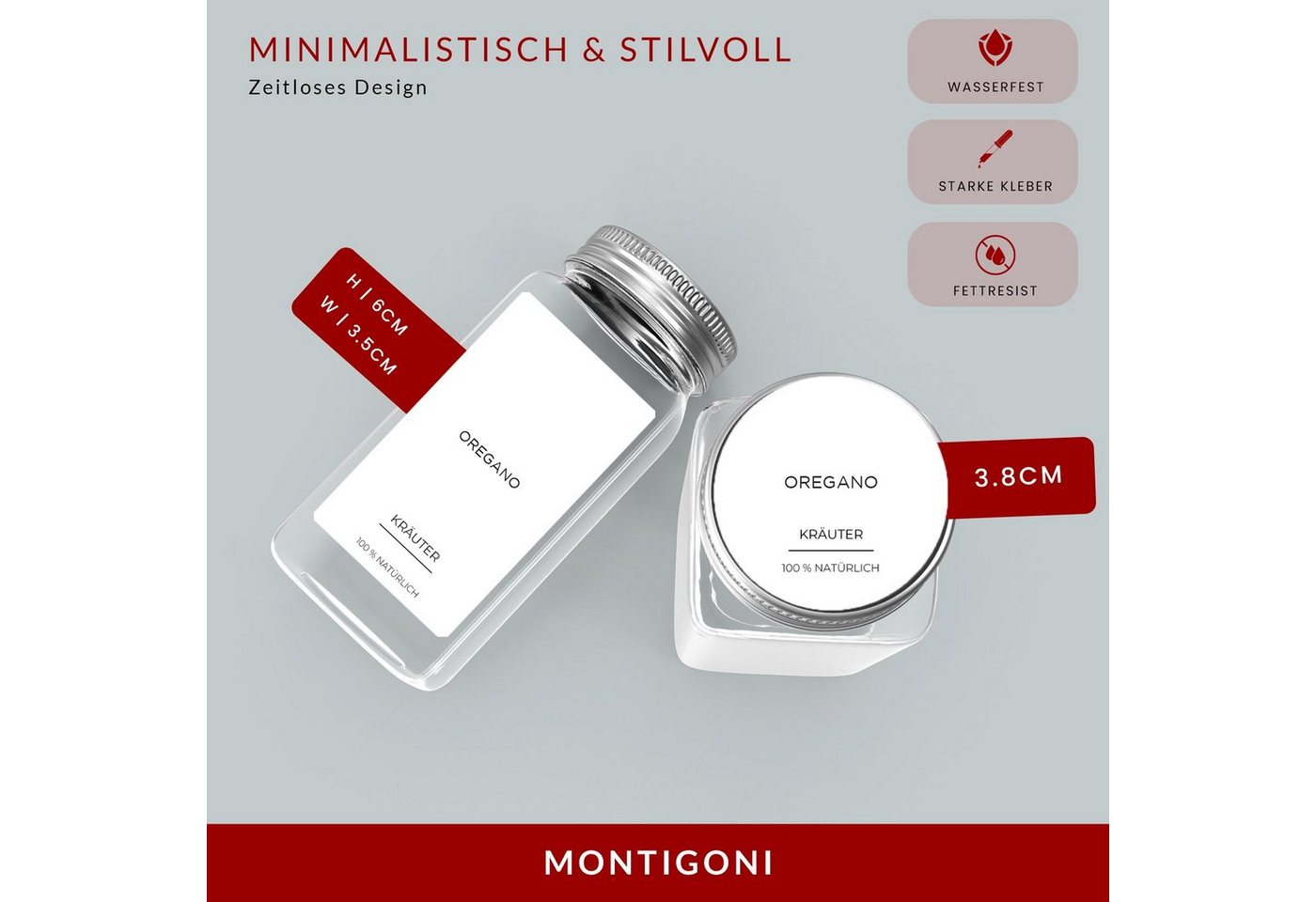 Thumbnail - Montegoni Etiketten 144 Stk. Rund oder 195 Rechteckige Gewürzetiketten selbstklebend, Wasserfest Gewürzaufkleber Vorrats...