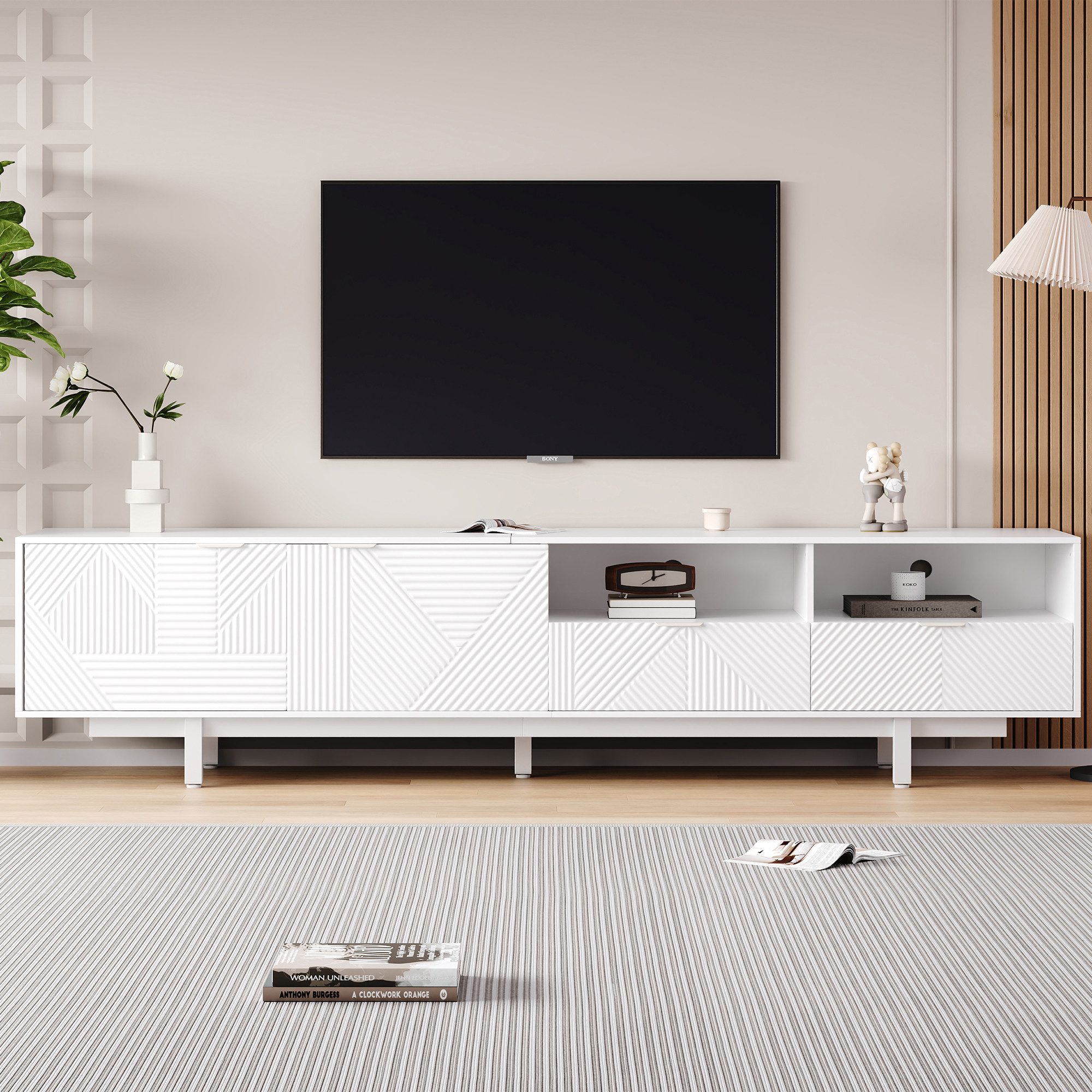 Merax Lowboard mit geometrischen Linien, TV-Schrank mit 2 Türen, 2 Schubladen und 2 offene Fächer, Breit: 200cm
