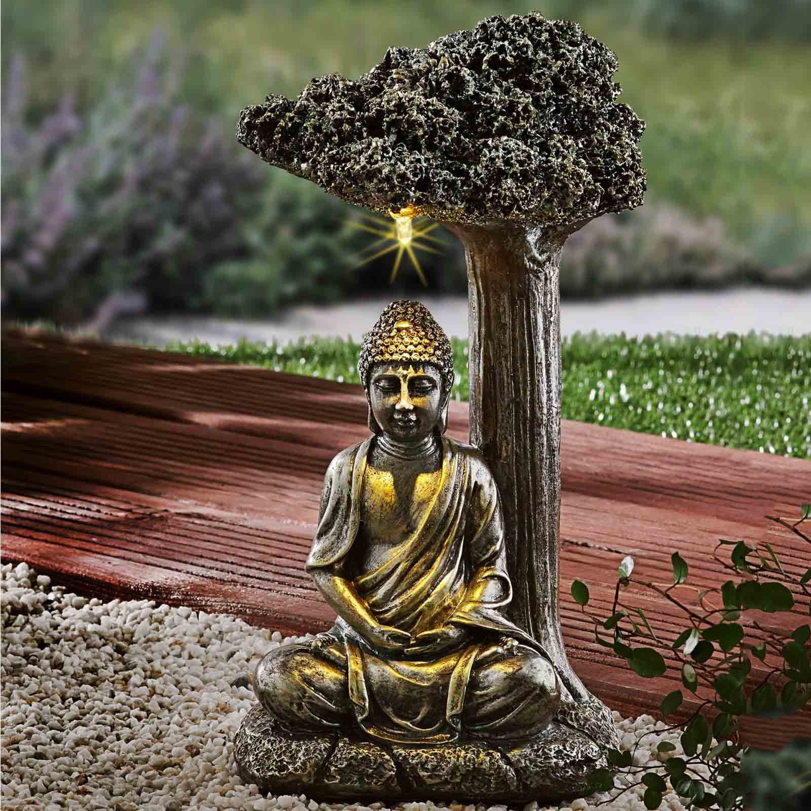 Garten Dekofigur LED Baum LED Statue Buddha fest Solarlampe integriert, HAC24 Buddha mit Solarleuchte Gartenleuchte, Gartendeko