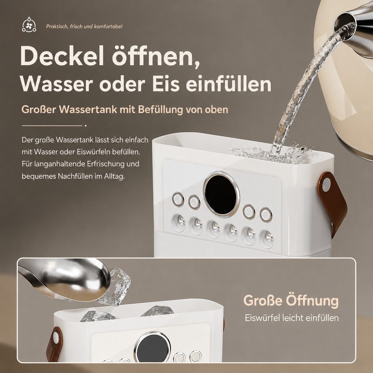 MOPUEA Ventilatorkombigerät Luftkühler 4 in1 Klimaanlage mit Fernbedienung Kühlspray Timer leise, Ventilator Tischventilator Akku-Standventilator LED-Licht Wassertank