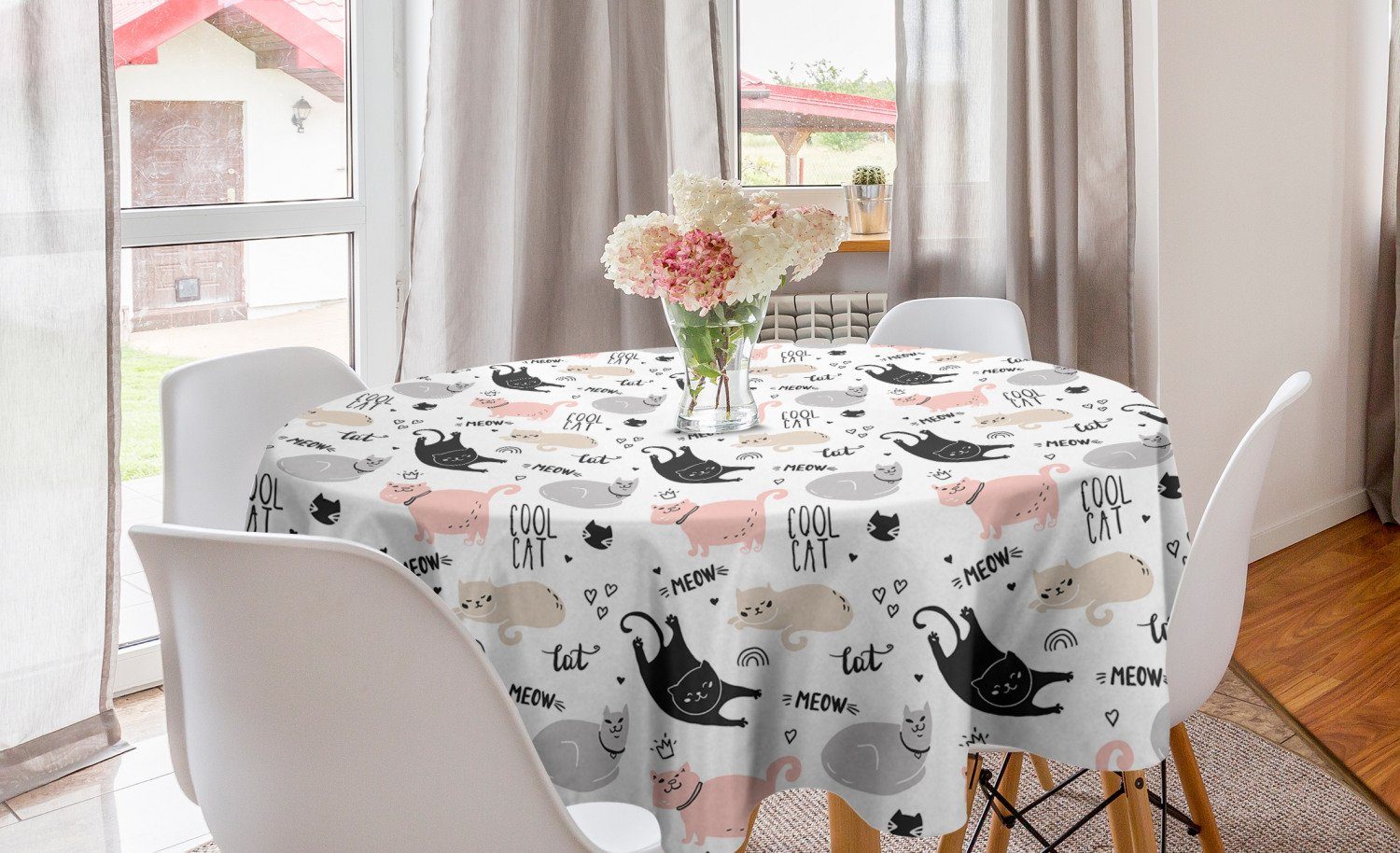 Abakuhaus Tischdecke Kreis Tischdecke Abdeckung für Esszimmer Küche Dekoration, Haustiere Kühle Katzemeow Tiere Doodle