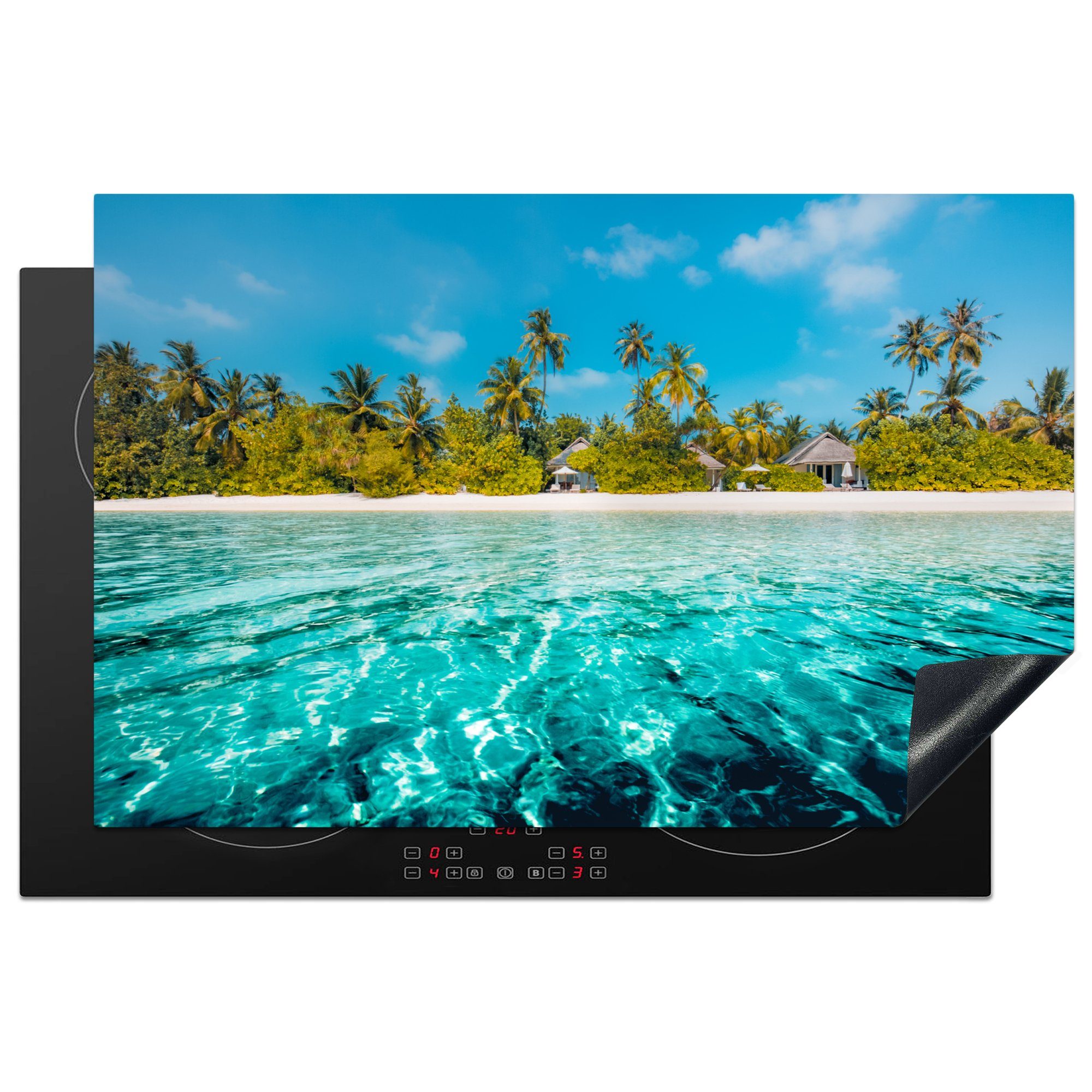 MuchoWow Herdblende-/Abdeckplatte Blick auf einen Strand mit Palmen vom Wasser aus, Vinyl, (1 tlg), 81x52 cm, Induktionskochfeld Schutz für die küche, Ceranfeldabdeckung