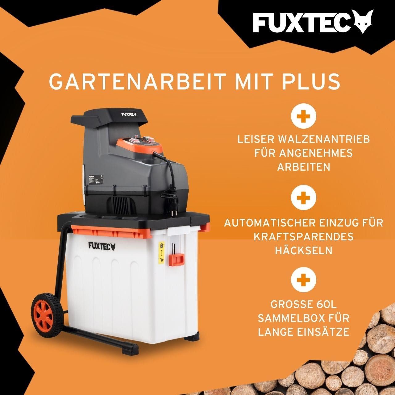 FUXTEC Häcksler FX-EGH2800B, 44 cm max. Astdurchmesser, 2800W, Walzenschneidsystem, 60L Fangbox