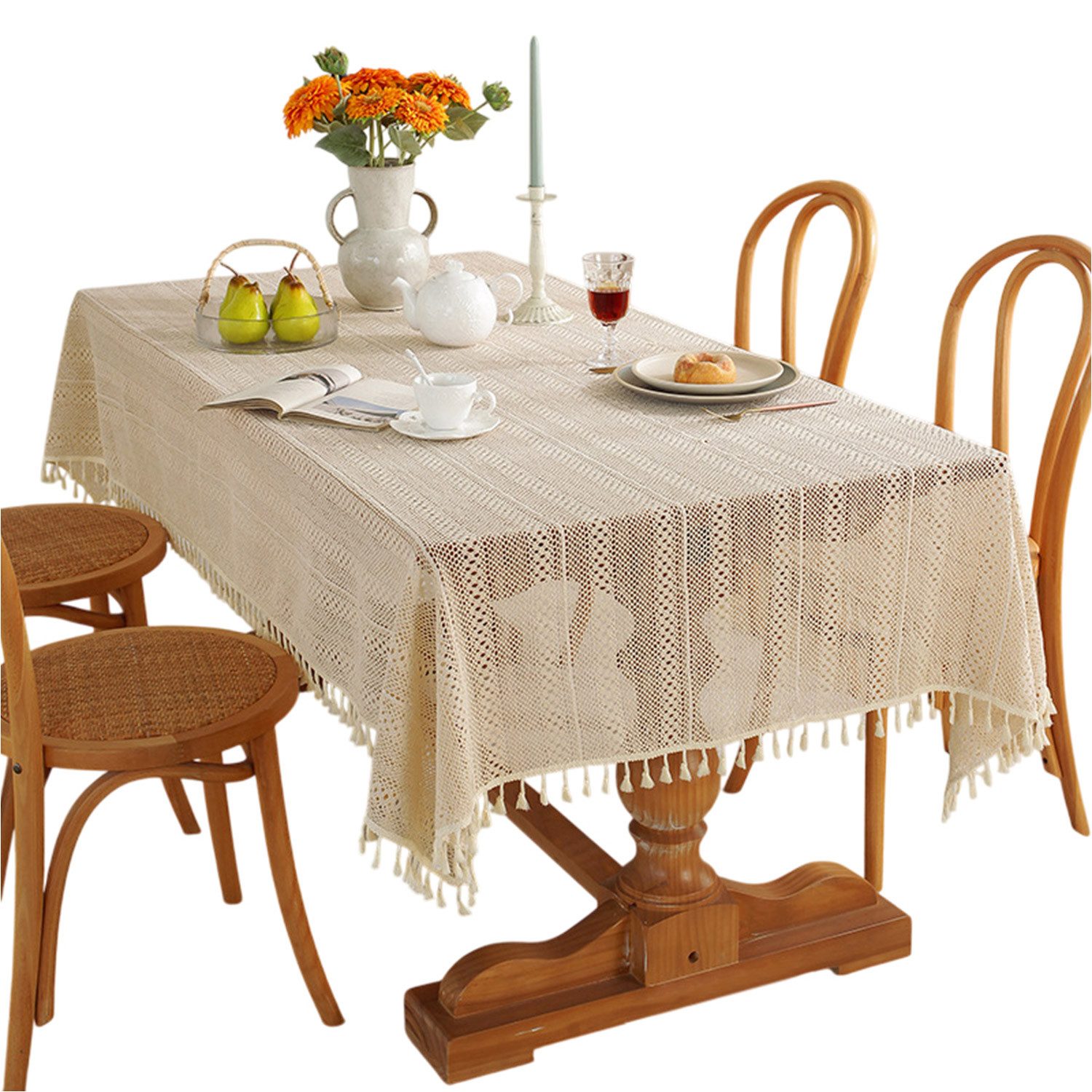 Refttenw Tischdecke Vintage Häkel Tischdecke mit Quasten Rechteckig Tischtücher 100x140cm (1-tlg), Boho Tischdekoration, Polyester Baumwolle, Haus Party Deko