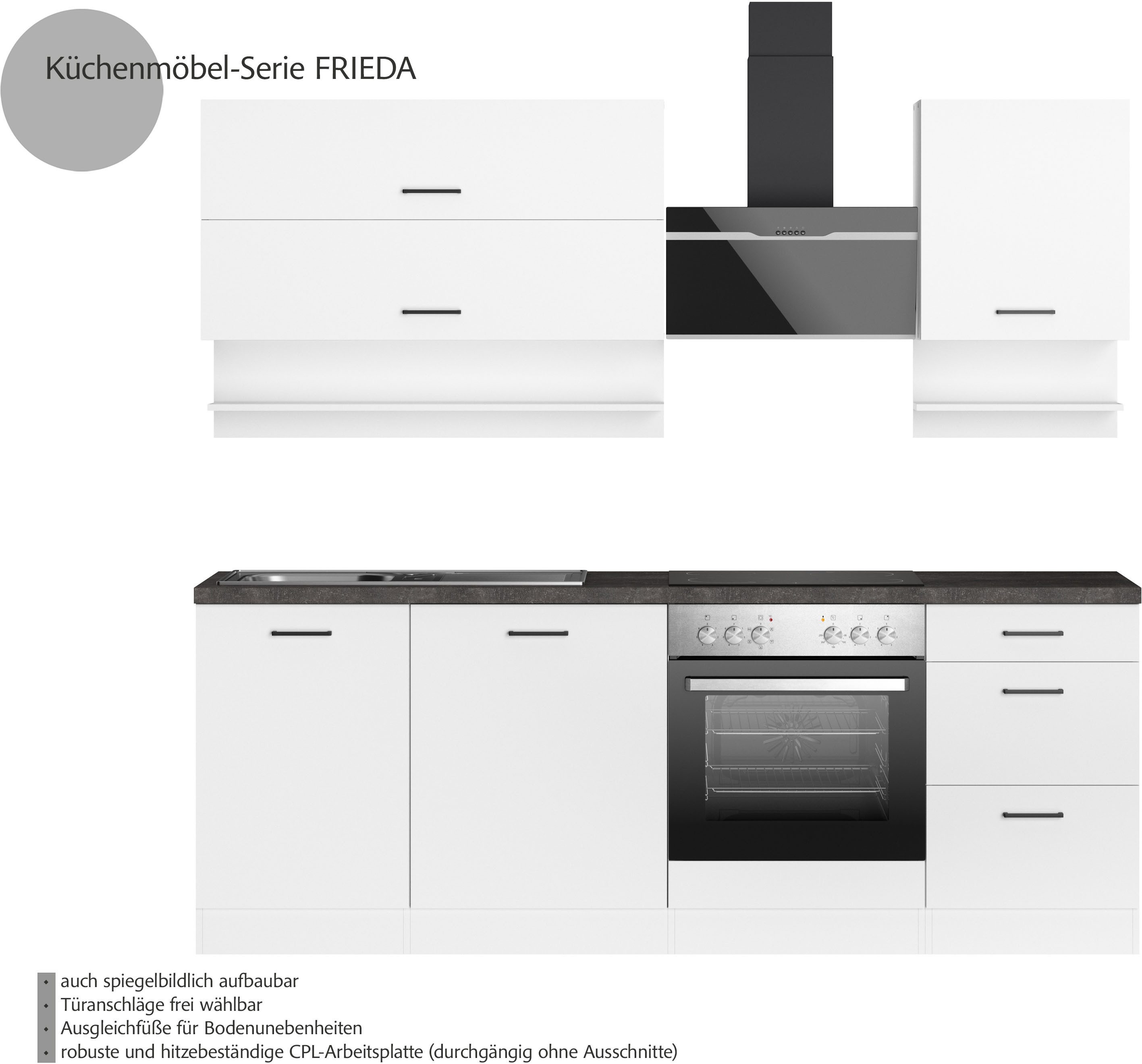 KOCHSTATION Küchenzeile KS-Frieda Breite 220 cm, wahlweise mit E-Geräten, mit 38mm starker Arbeitsplatte