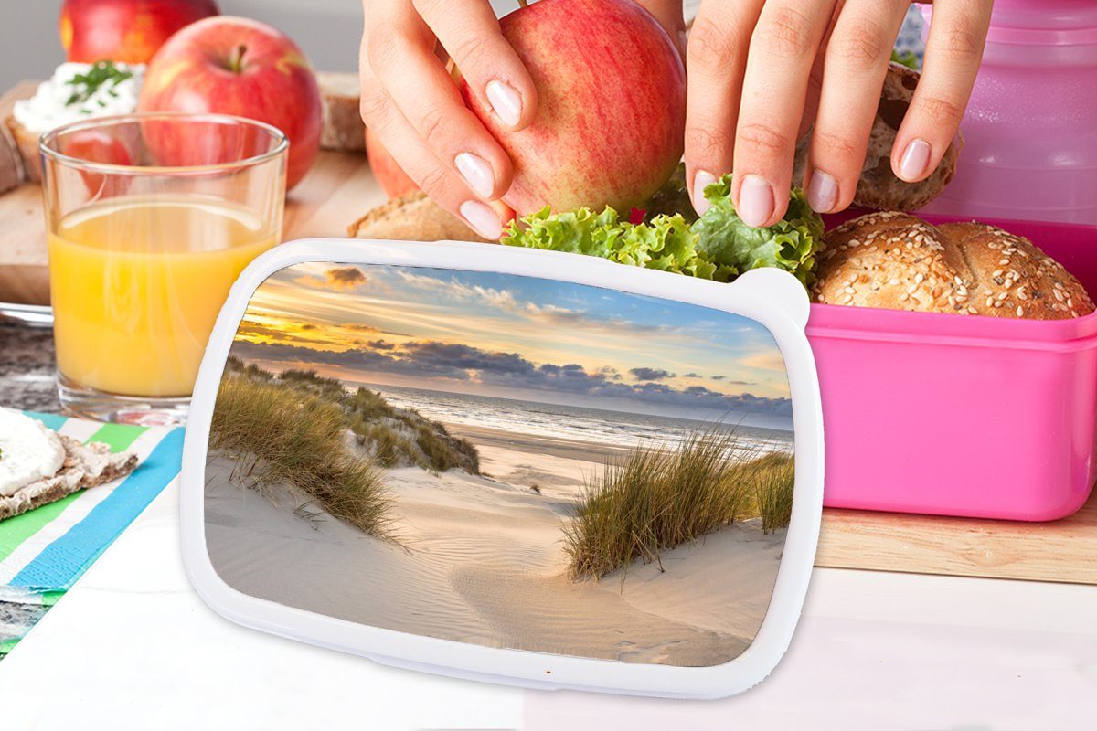 (2-tlg), Brotdose - Kinder, Erwachsene, - Mädchen, Gras Lunchbox Sonnenuntergang Strand rosa Snackbox, für Meer, Kunststoff - - Brotbox MuchoWow Kunststoff, Düne