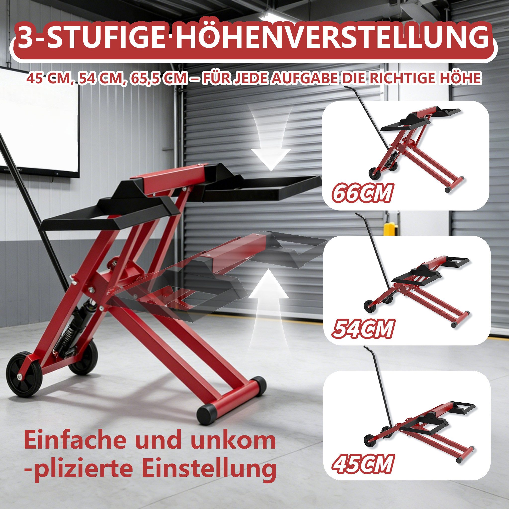FIVMEN Rasentraktor 3-Fach Höhenverstellbar Hebebühne mit hydraulischem Wagenheber, Rahmen aus Stahl mit PVC-Räder 12 cm, 227 kg Tragkraft, Schwarz/Rot – Bild 4 von 5