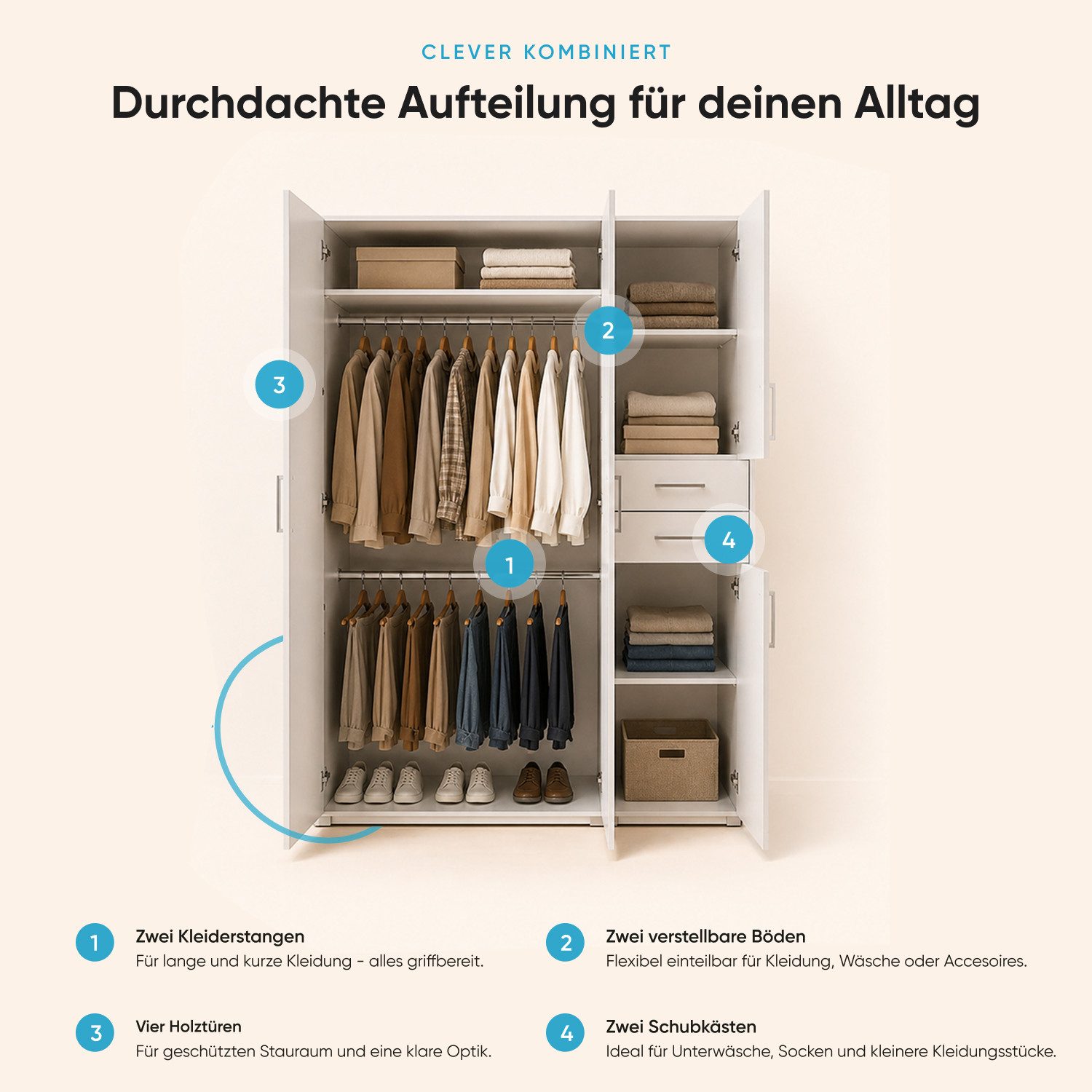 Storado Kleiderschrank Sienna 132×189×54cm, Kleiderschrank mit 4 Türen, Farbe wählbar 4 Türen und 2 Schubladen für großzügigen Stauraum