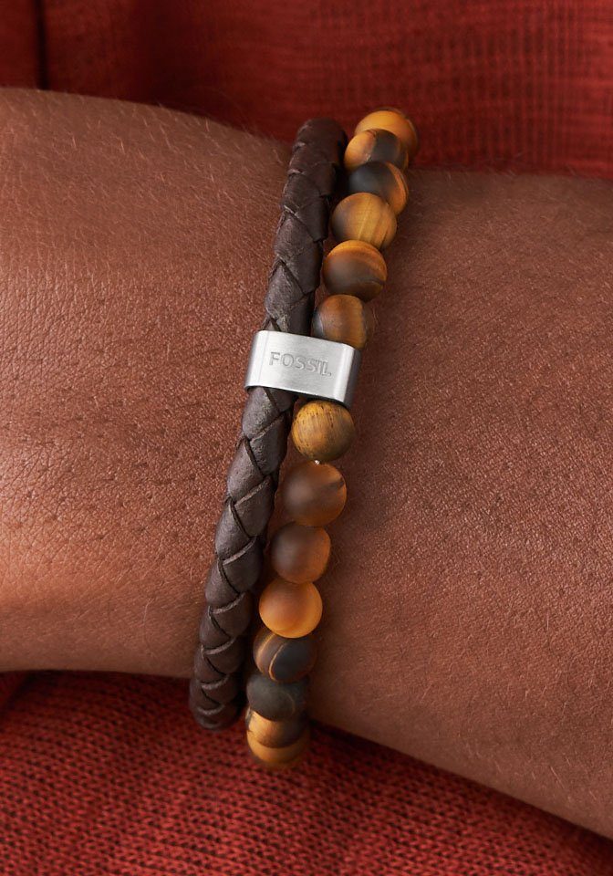 Fossil Armband Schmuck Geschenk Edelstahl Leder VINTAGE CASUAL, mit Tigerauge