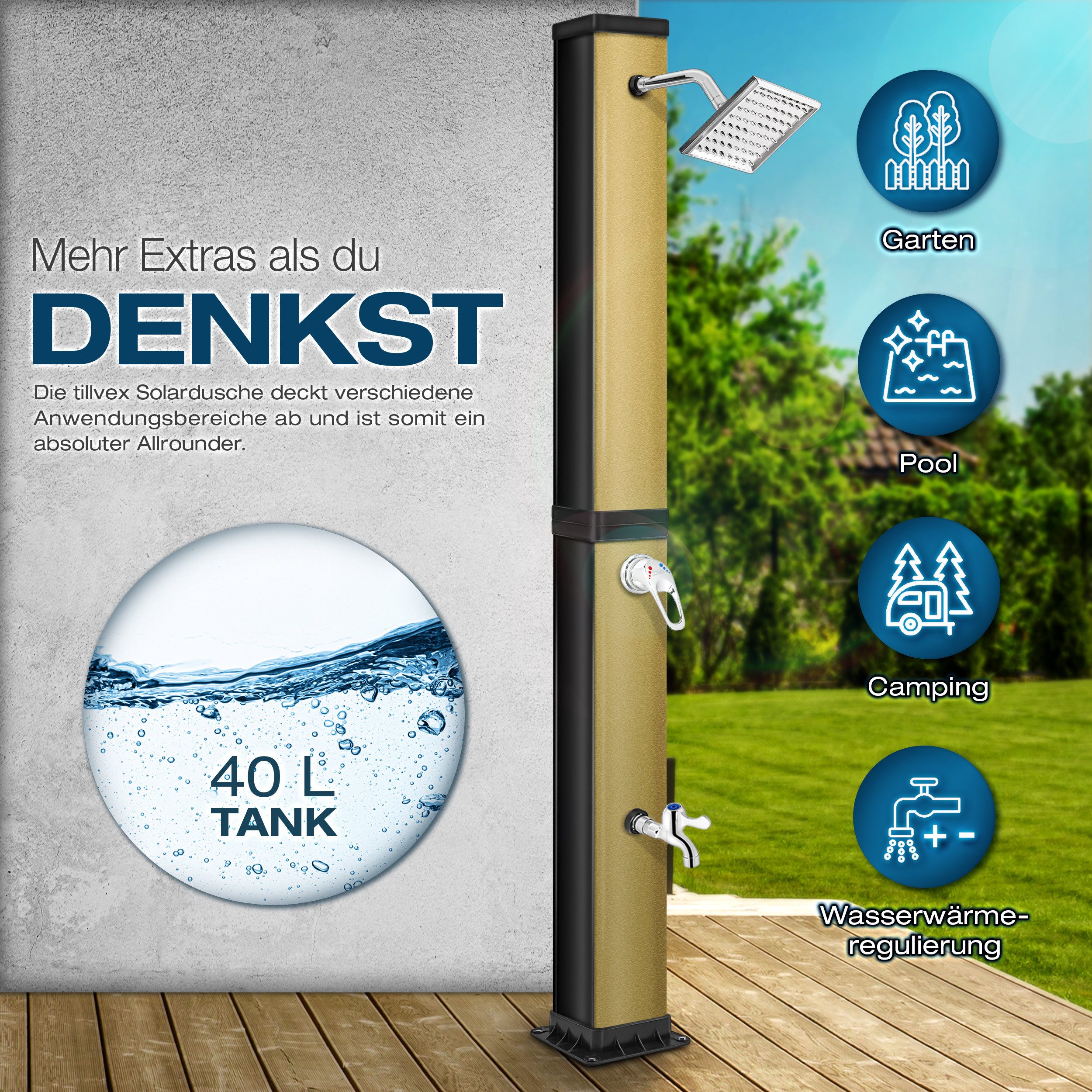 tillvex Solardusche 40 Liter inkl. Schutzhaube Solar Garten-dusche (mit Wasserhahn und Regenduschkopf Gartenschlauch-Anschluss), warmes Wasser Pooldusche Camping, ohne Stromanschluss