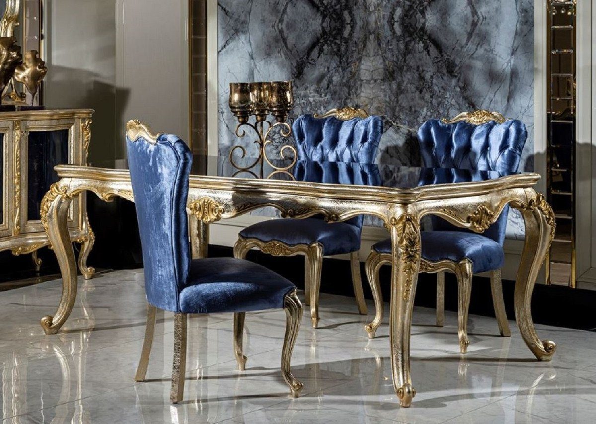 Casa Padrino Esszimmer-Set Luxus Barock Esszimmer Set Blau / Silber / Gold - 1 Esstisch & 6 Esszimmerstühle - Barock Esszimmer Möbel - Edel & Prunkvoll