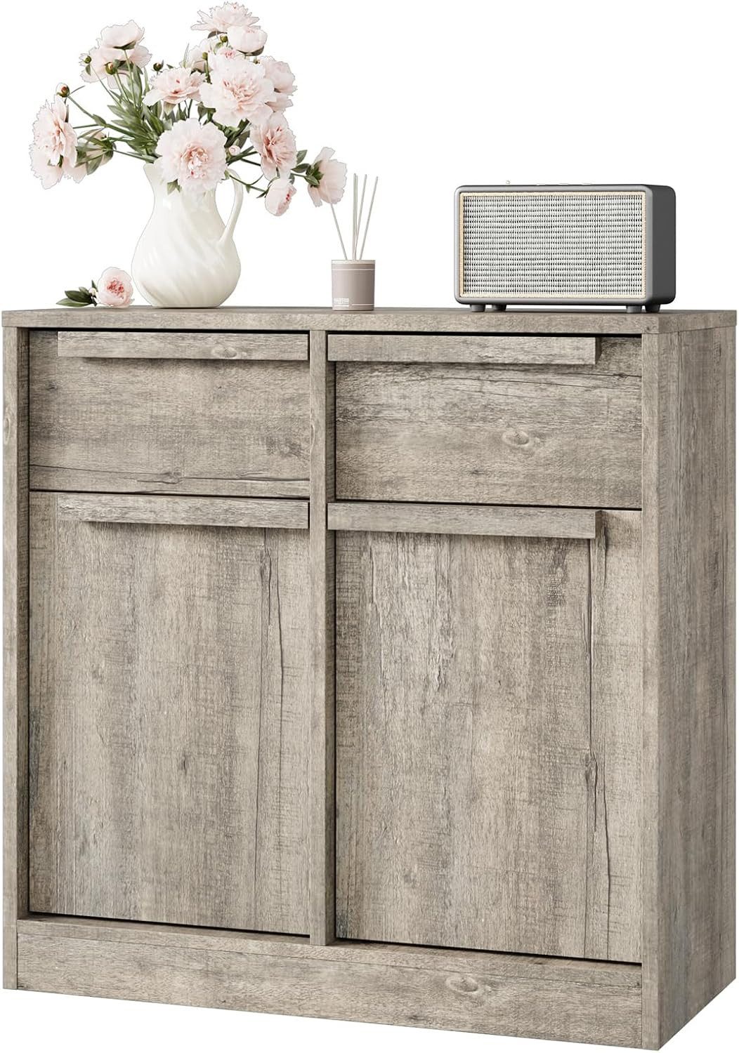 GarveeMore Sideboard mit 2 Schubladen,großer Aufbewahrungsschrank,moderner Buffet, Schrank für Küche, Esszimmer und Wohnzimmer, Birnbaum-Optik