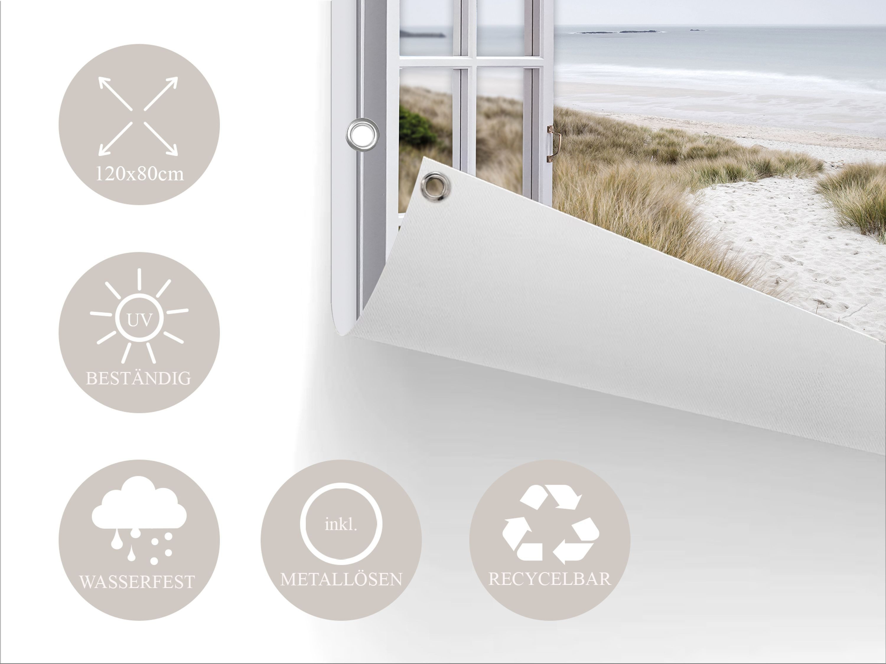artissimo Poster XXL Garten-Poster 120x80cm Strand Fenster Outdoor-Deko, Outdoor-Poster: Fenster-Blick auf den Strand