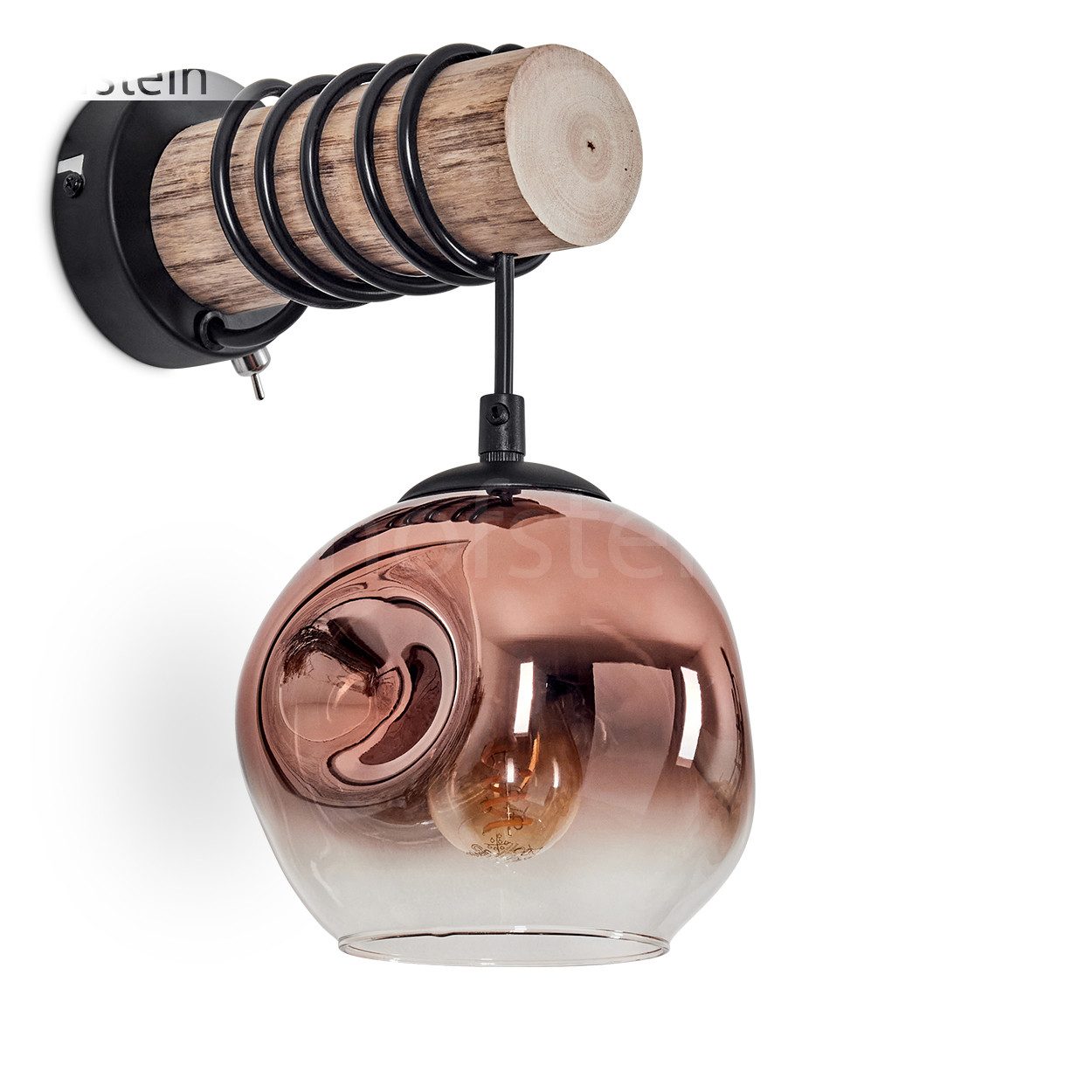 Wandleuchte Wandlampe aus Holz/Metall/Glas in Natur/Schwarz/Kupfer/Klar