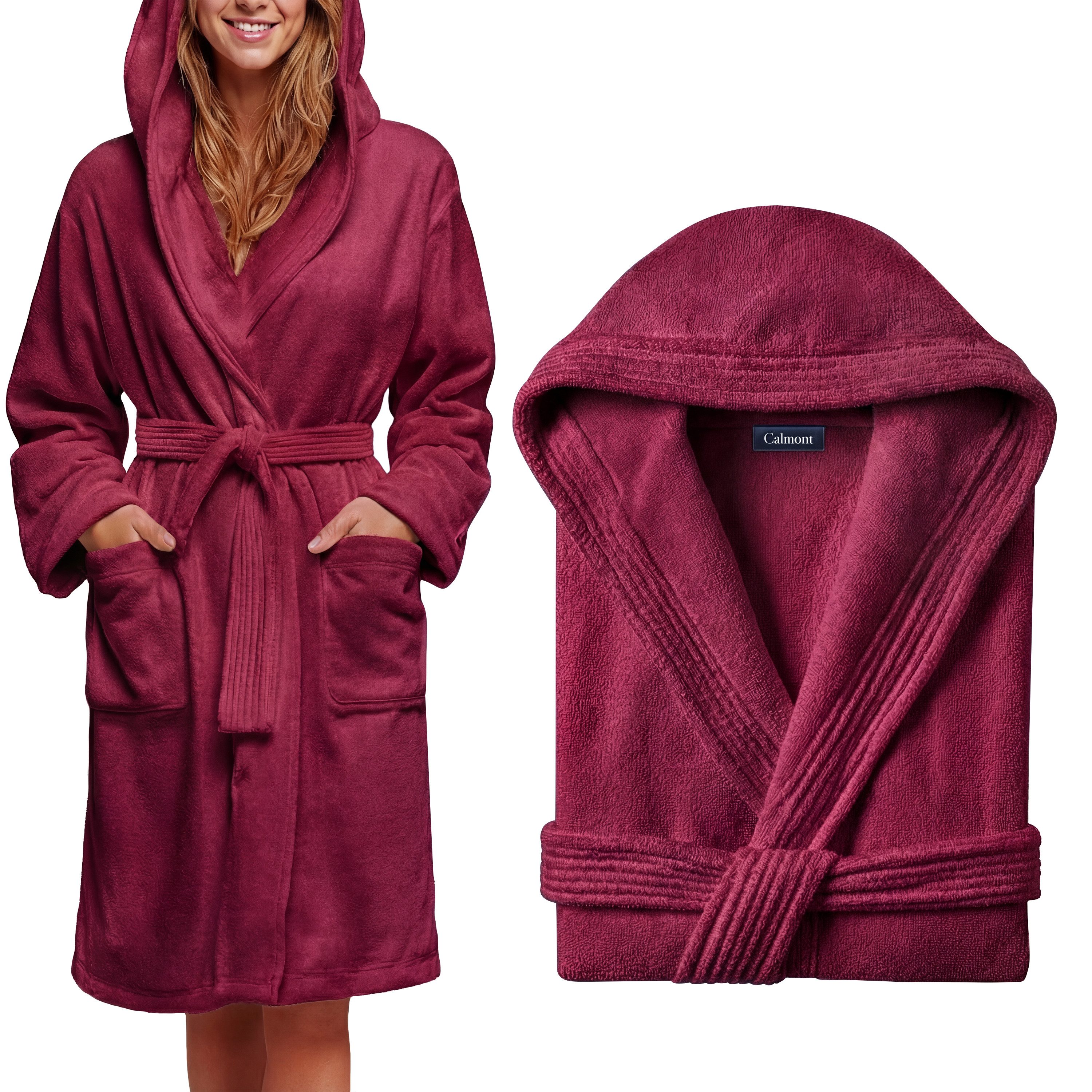 CALMONT Damenbademantel CALMONT - Bademantel Damen aus 100% Baumwolle Frottee mit Kapuze, Kapuze, Gürtel, Kapuze, Große Taschen, Gürtel, Aufhängeschlaufe