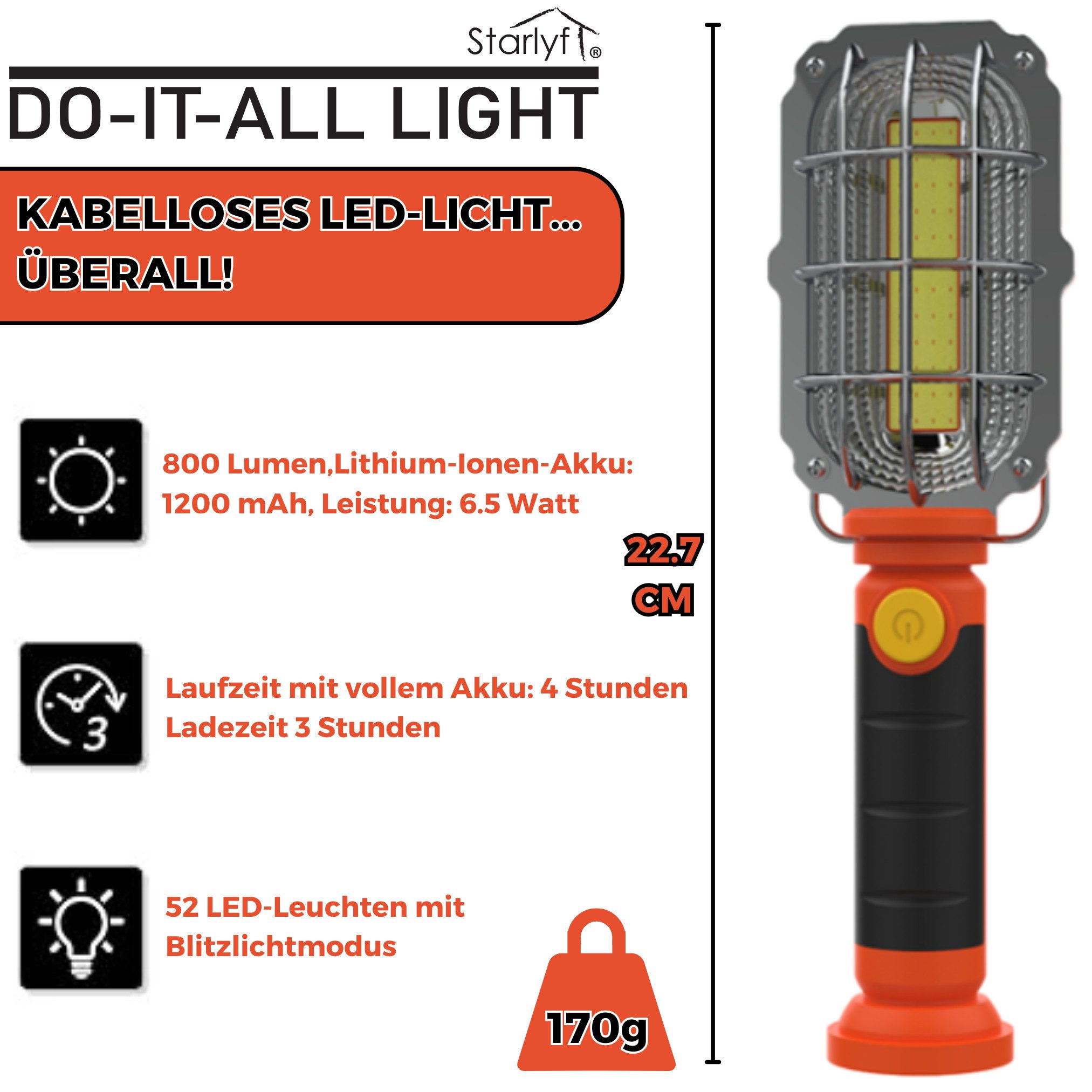 Starlyf LED Taschenlampe Do it all light (Spar-Set, 1-St., 1er oder 2er Pack), Akku KFZ Handlampe mit Magnet