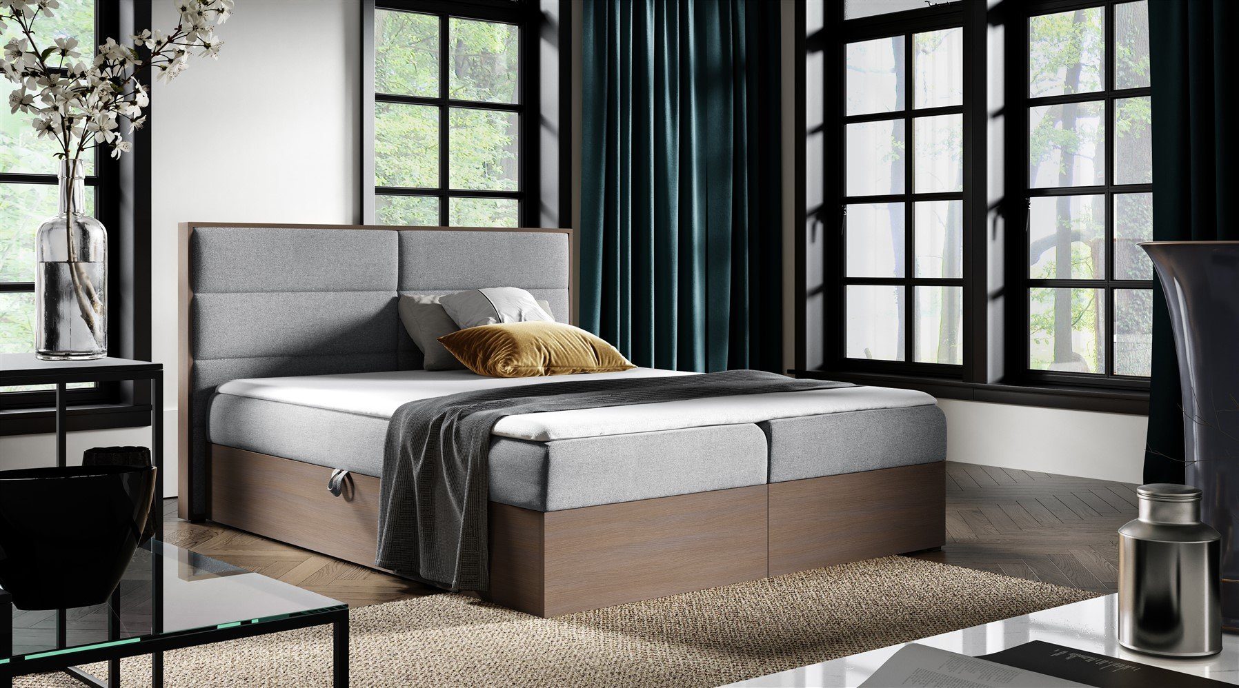 Fun Möbel Boxbett Schlafzimmerbett LAMBROS in Stoff u. Dunkle-Eiche-Optik (Gepolstertes Kopfteil, inkl. Kaltschaumtopper), Dunkle-Eiche-Optik
