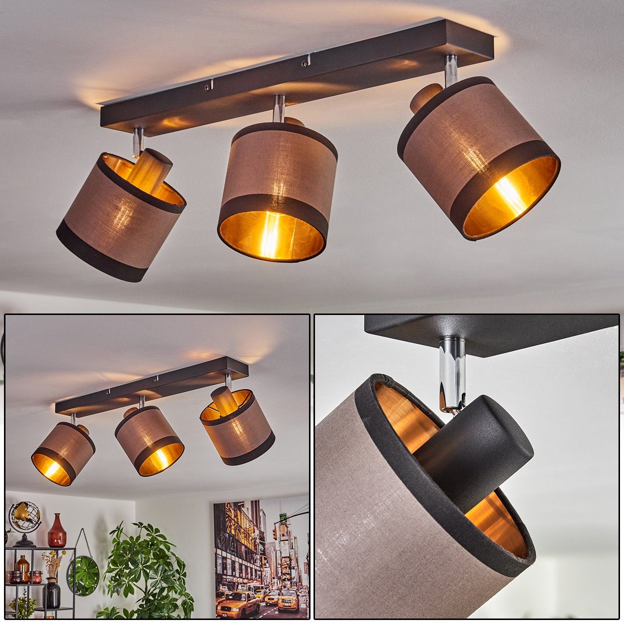 ohne mit Deckenleuchte in 3x aus E14, Deckenlampe Stoff Ø12cm, Messingfarben/Braun, Metall/Stoff Schwarz/Chrom- aus ohne Leuchtmittel, hofstein verstellbaren Schirmen Leuchtmittel