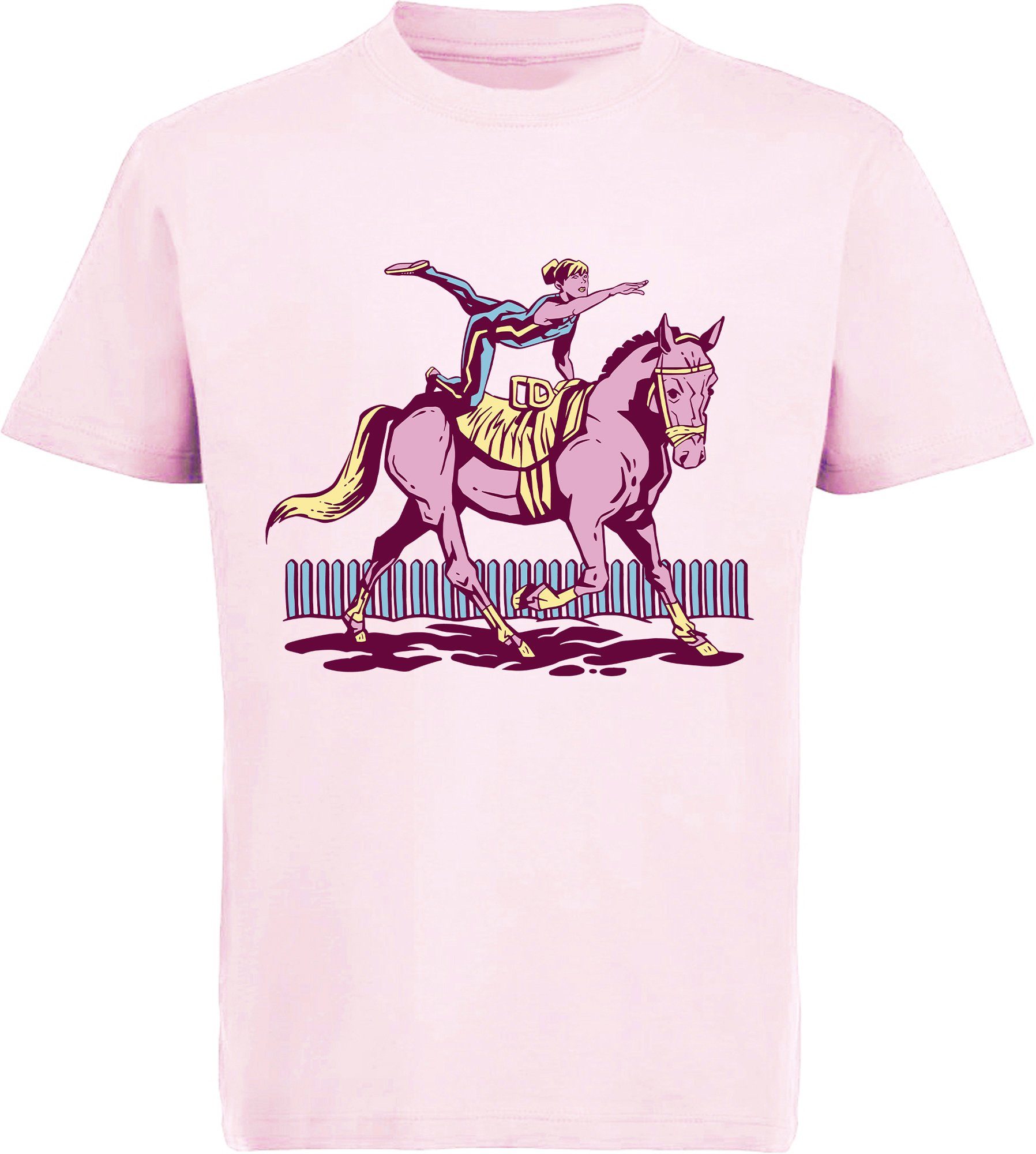 MyDesign24 Print-Shirt bedrucktes Mädchen T-Shirt - Pferd mit Turnerin Baumwollshirt mit Aufdruck, i171 rosa | T-Shirts