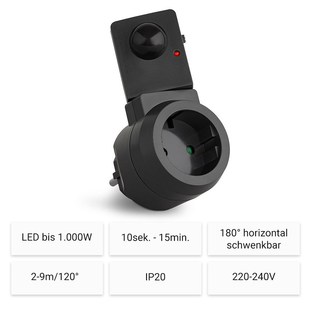 SEBSON Bewegungsmelder Zwischenstecker Bewegungsmelder - Schuko Stecker 230V programmierbar, (1-St), Schwenkbar, max. 1000W LED geeignet, Steckdosen-Adapter