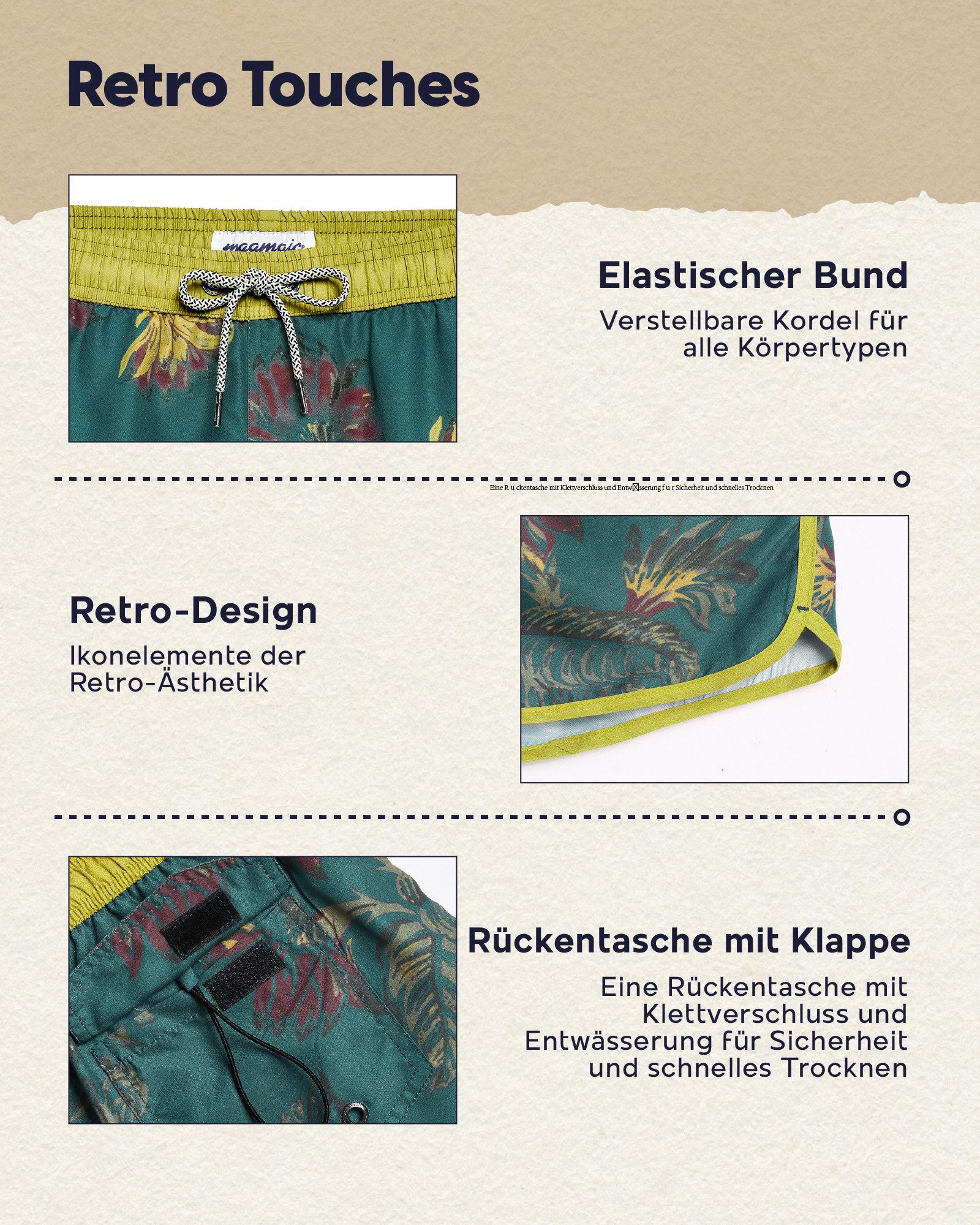MaaMgic Shorts Herren Retro-Stil kurze Hose Sommer Sport Badehose mit Mesh-Innenslip (1-tlg)