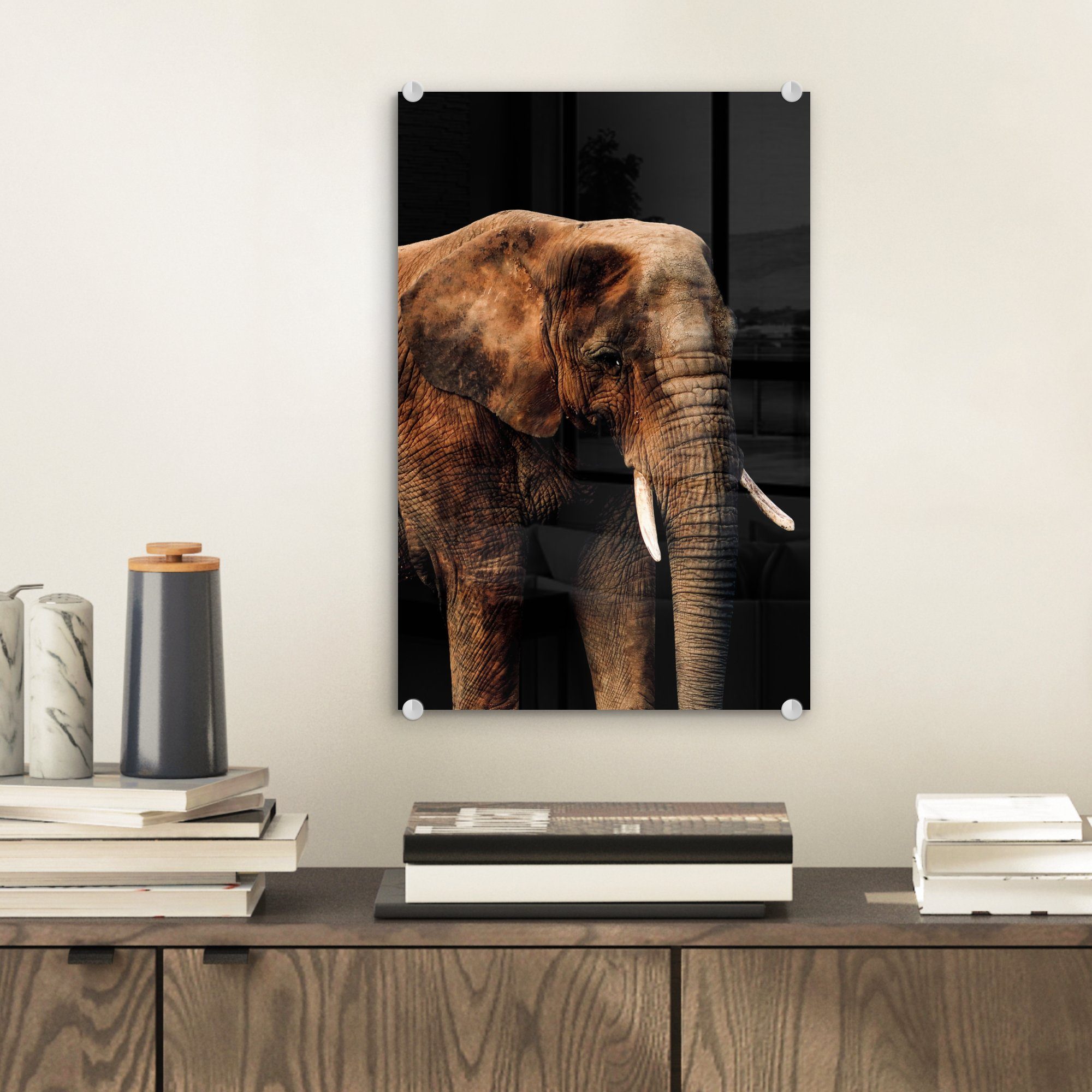 - auf - Wanddekoration Bilder Acrylglasbild St), Elefant Glasbilder - MuchoWow - Schwarz bunt Terrakotta, Wandbild (1 Foto Glas auf - Glas