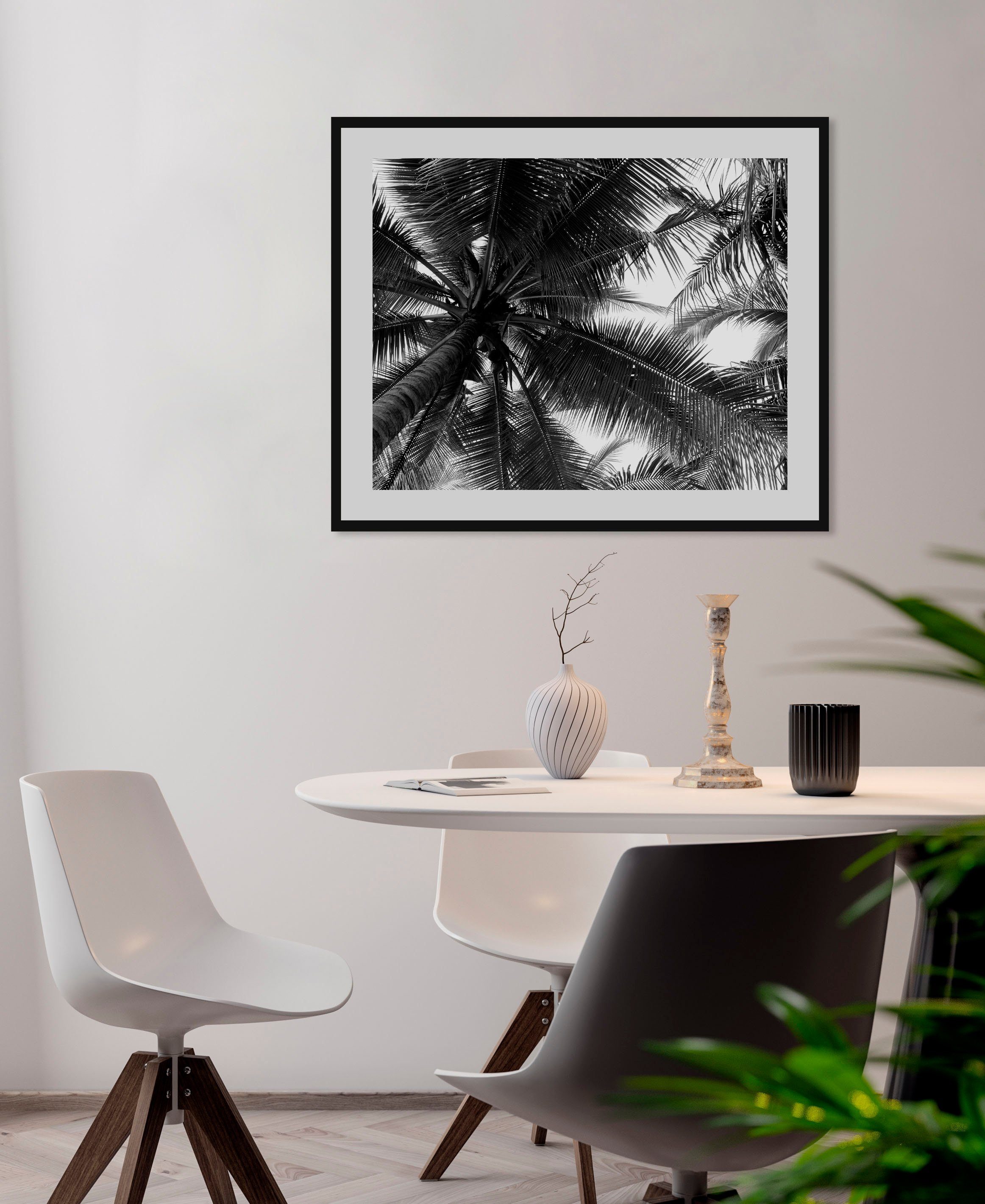 queence Bild Mary, Foto, Himmel, Palmen, Pflanzen, Pflanzenbilder, Schwarz-Weiß (1 St), HD Premium Poster-Druck inkl. Holzrahmen