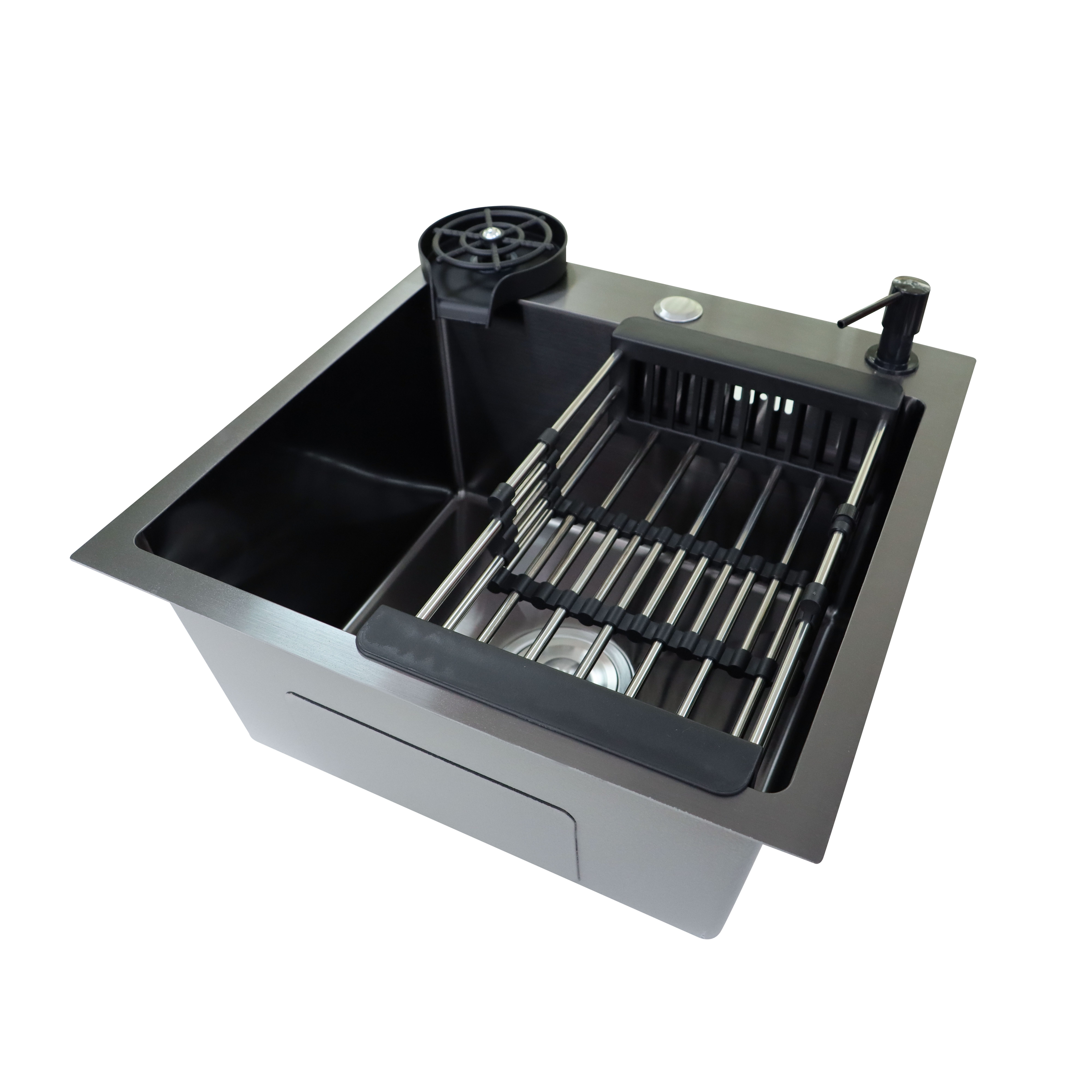 Faizee Home Stainless Steel Kitchen Sink, Black, with Wave Faucet & Accessories, 45 x 45 x 21.5 cm