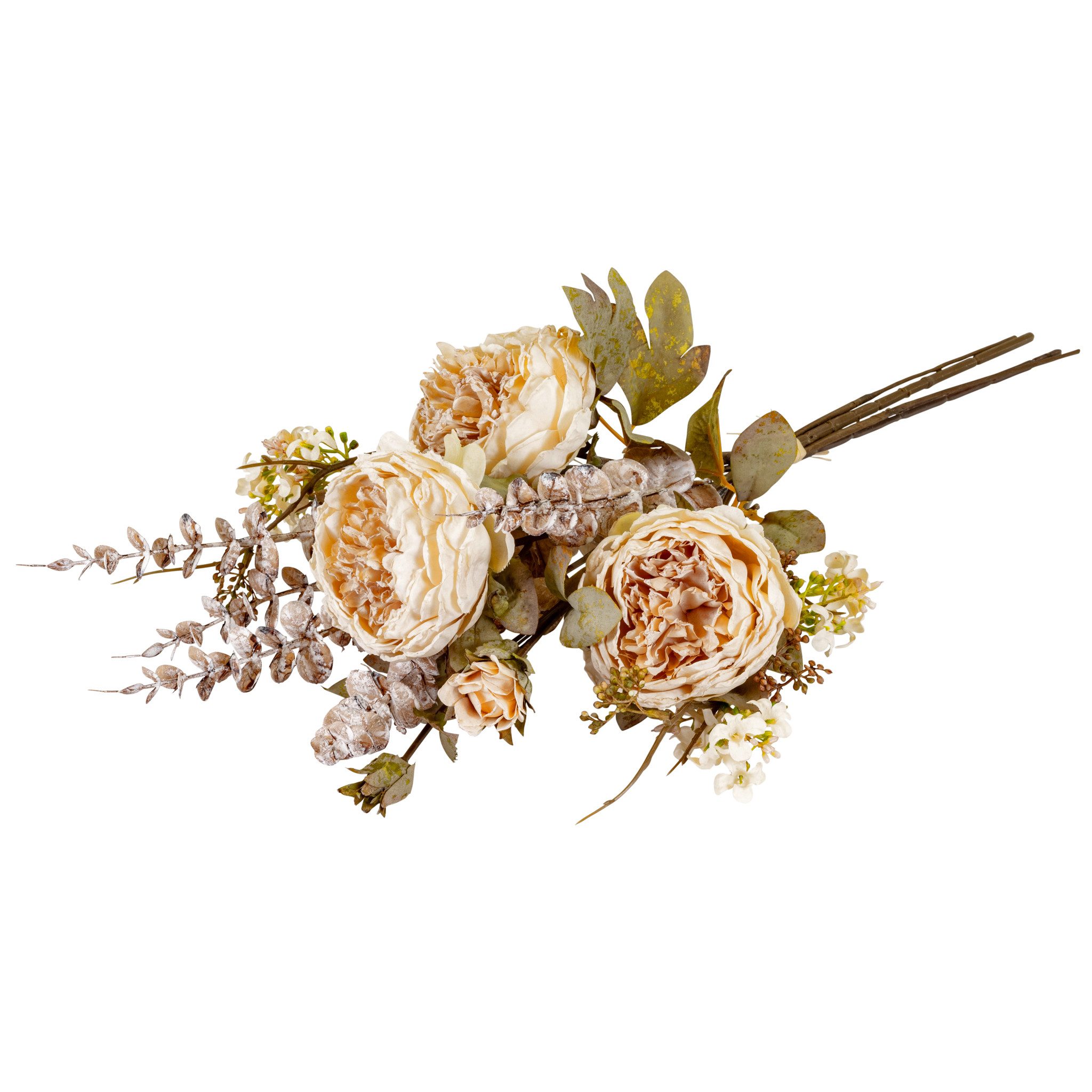 Kunstblume Englische Rosen Blumenstrauß 59 cm Cremeweiß mit Eukalyptus Rose, matches21 HOME & HOBBY, Höhe 59 cm, Kunstblumen wie echt für Herbstdeko