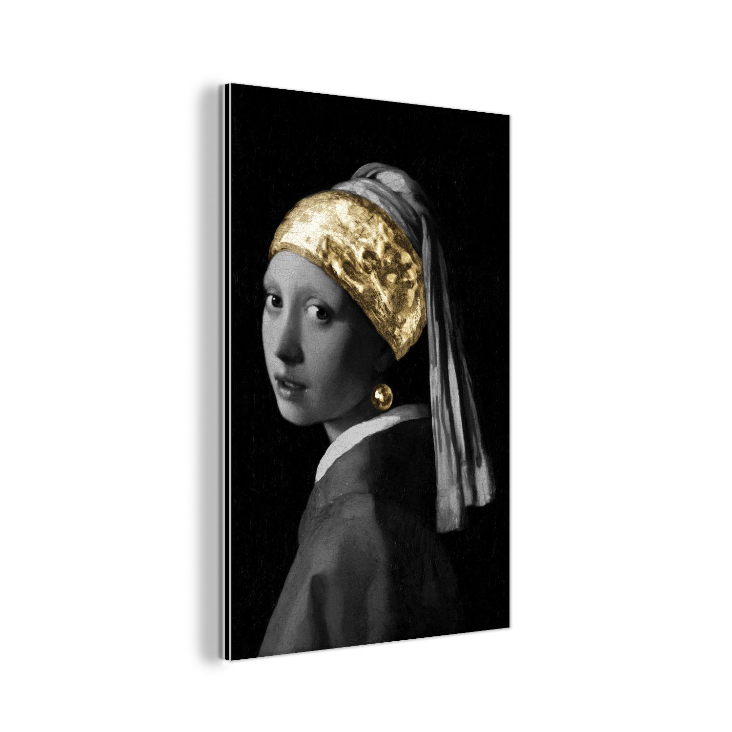 MuchoWow Metallbild Mädchen mit einem Perlenohrring - Johannes Vermeer - Gold, Inkl. Aufhängung, Alu-Dibond-Druck, Dekoration aus Metall, Aluminium deko, 20x30 cm