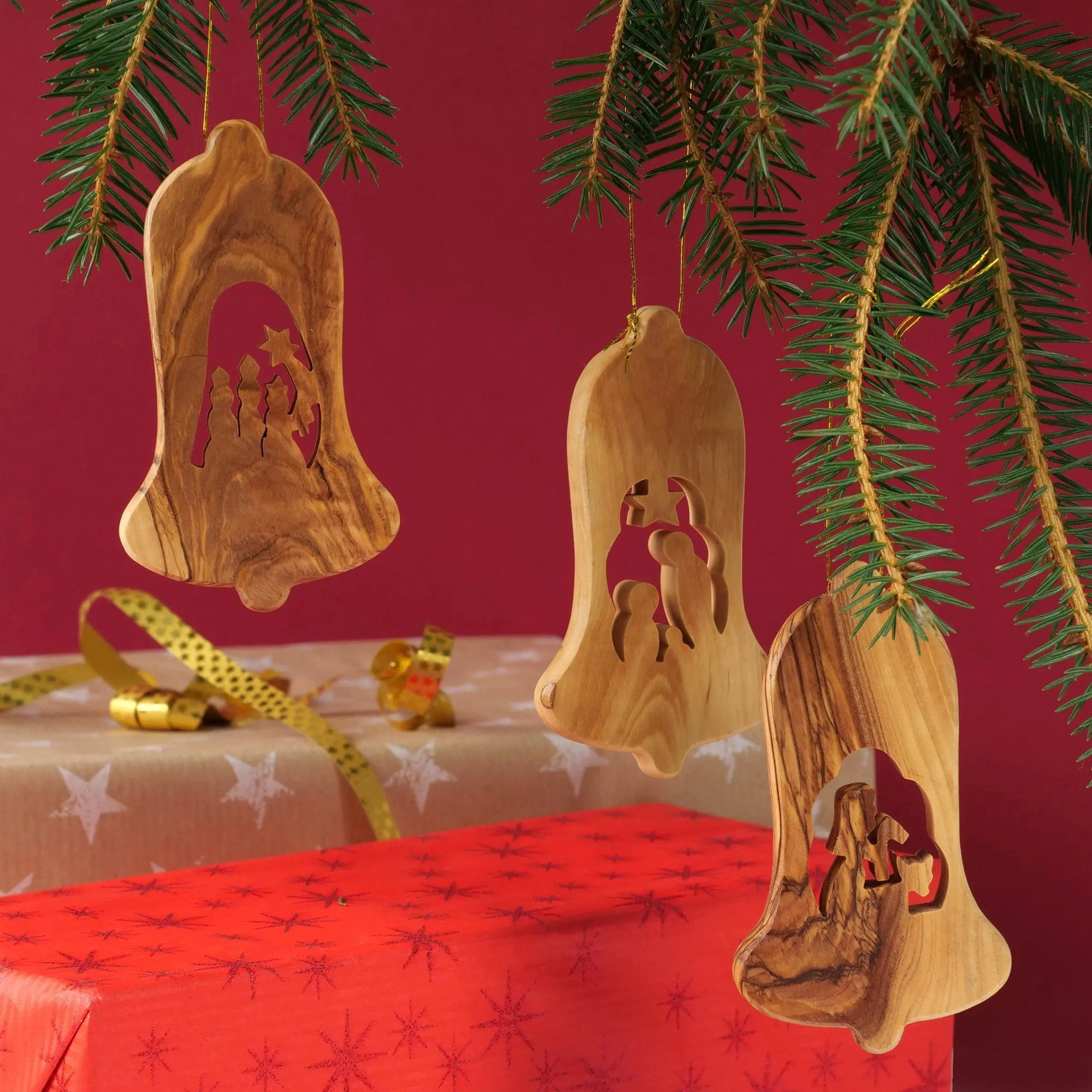 Kassis Dekoobjekt Weihnachtsdeko Baumschmuck Krippe, Glocke Anhänger, handgemacht, umweltfreundlich, aus Bethlehem, Olivenholzdeko, ohne Rinde