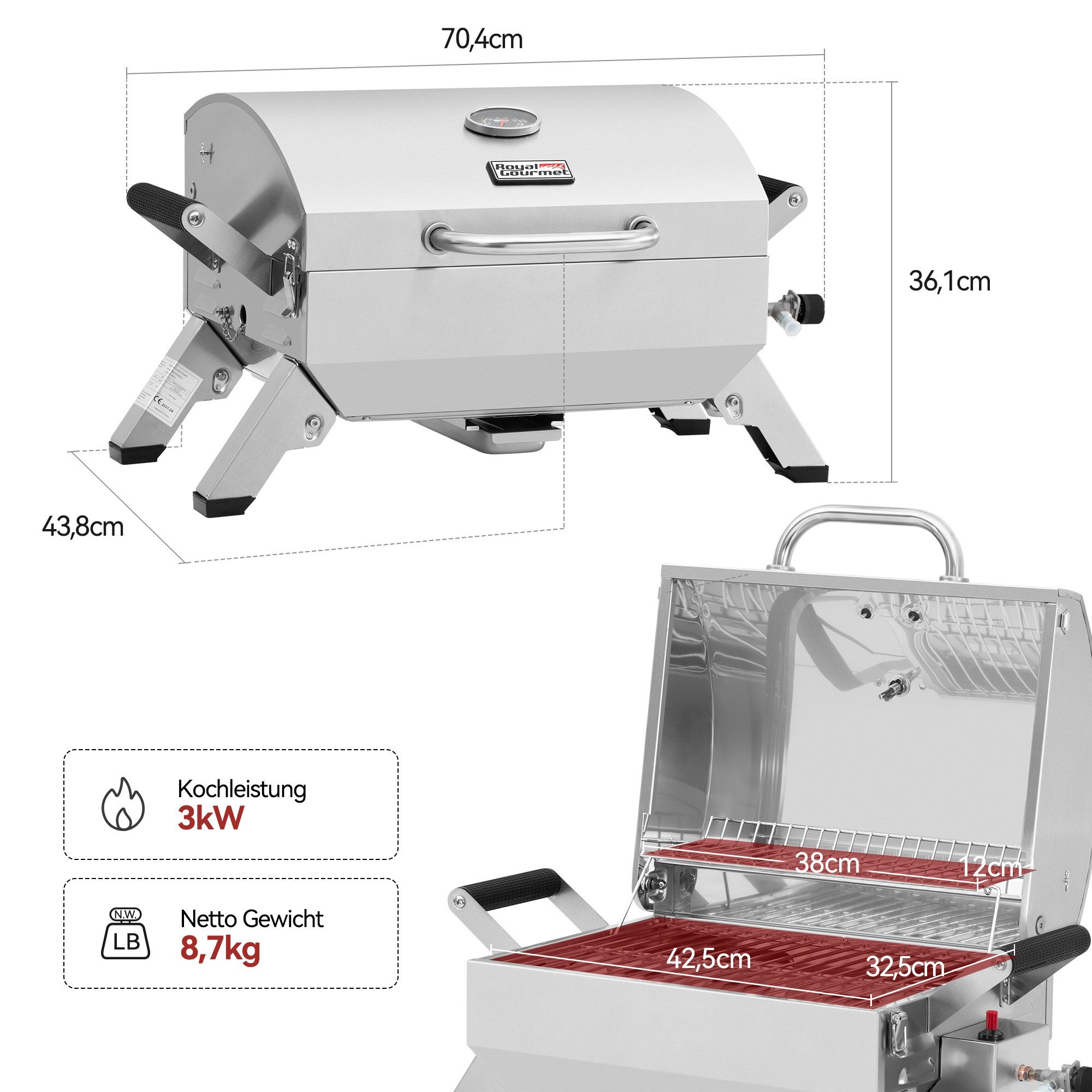Royal Gourmet Gasgrill 3 kW Edelstahl Tragbarer Gasgrill, Compact Tischgrill für Picknick, Campinggrill mit Zwei Griffen und Reiseschlössern, Klappbaren Beinen