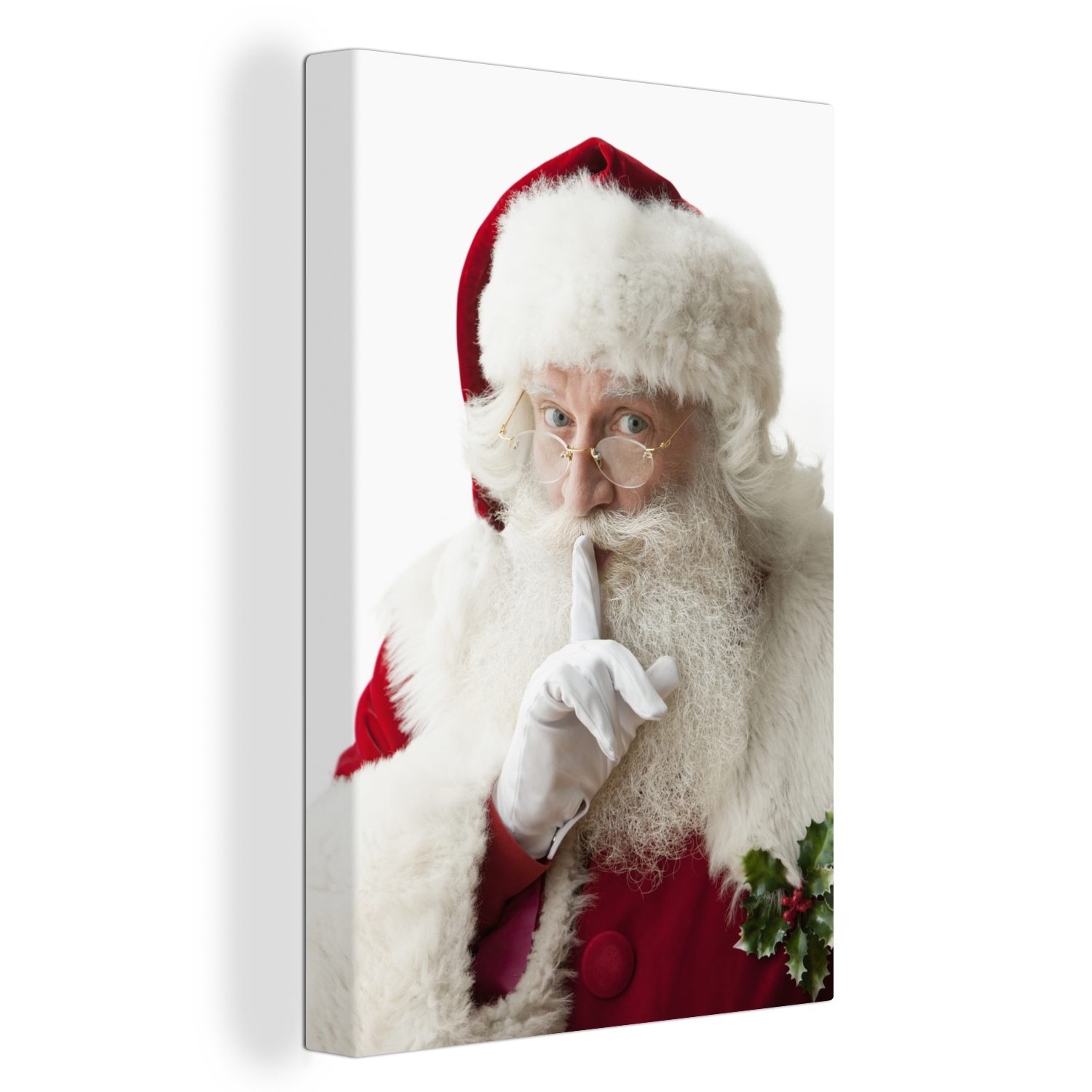 OneMillionCanvasses® Leinwandbild Der Weihnachtsmann mit dem Finger auf dem Mund, (1 St), Leinwandbild fertig bespannt inkl. Zackenaufhänger, Gemälde, 20x30 cm