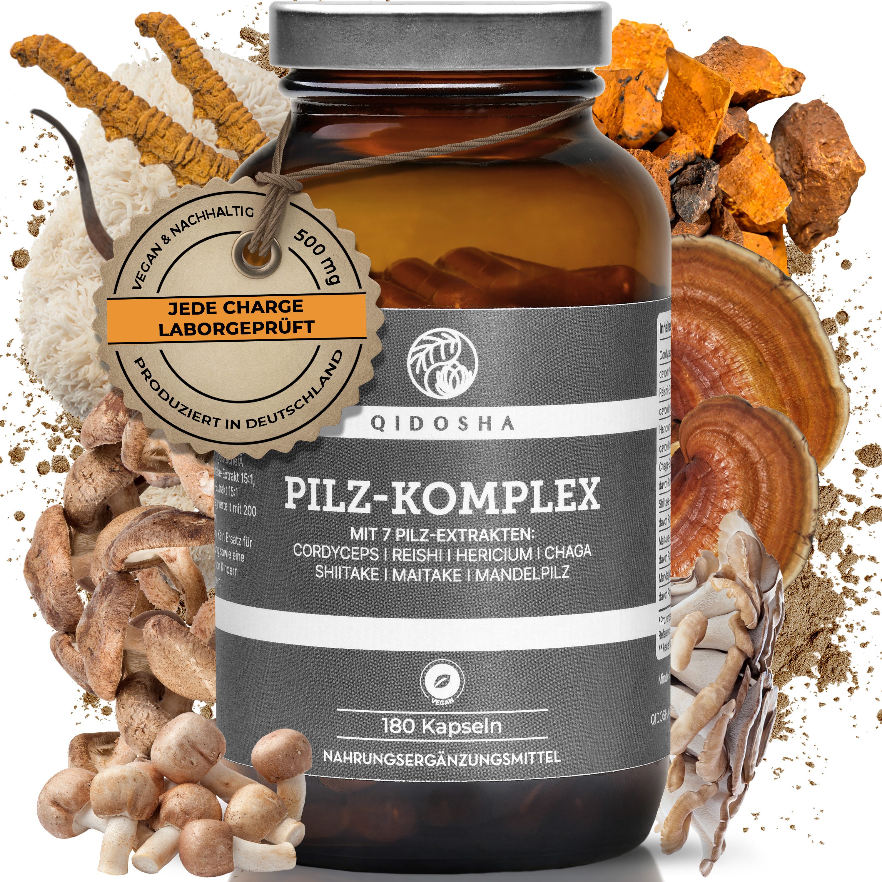 QIDOSHA Vitalpilz-Komplex 7-fach Extrakt Hartkapsel, 1 er 180 St., 112 g, Mit Reishi, Cordyceps & Chaga