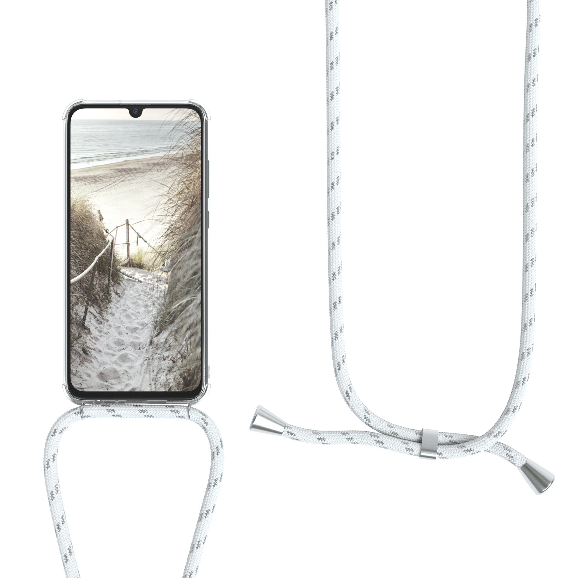 EAZY CASE Handykette Hülle mit Kette für Honor 10 Lite 6,21 Zoll, Hülle Smartphonekette für Unterwegs Festivalhülle Transparent Weiß